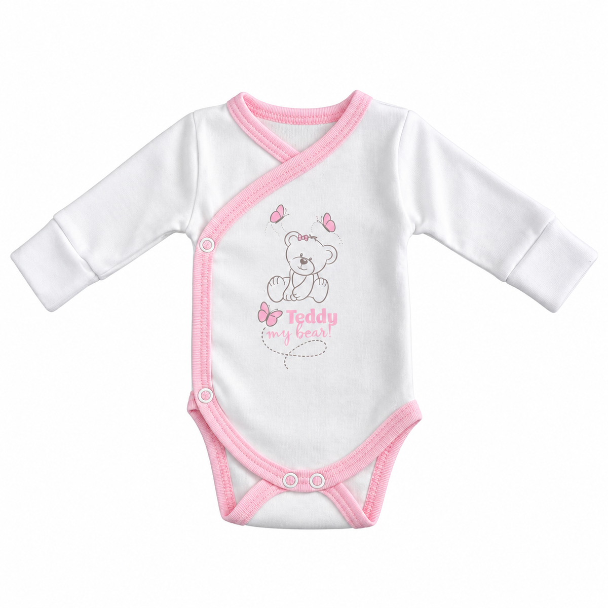 Teddy body cu maneca lunga nou nascuti 50-62 Alb cu tiv roz si ursulet