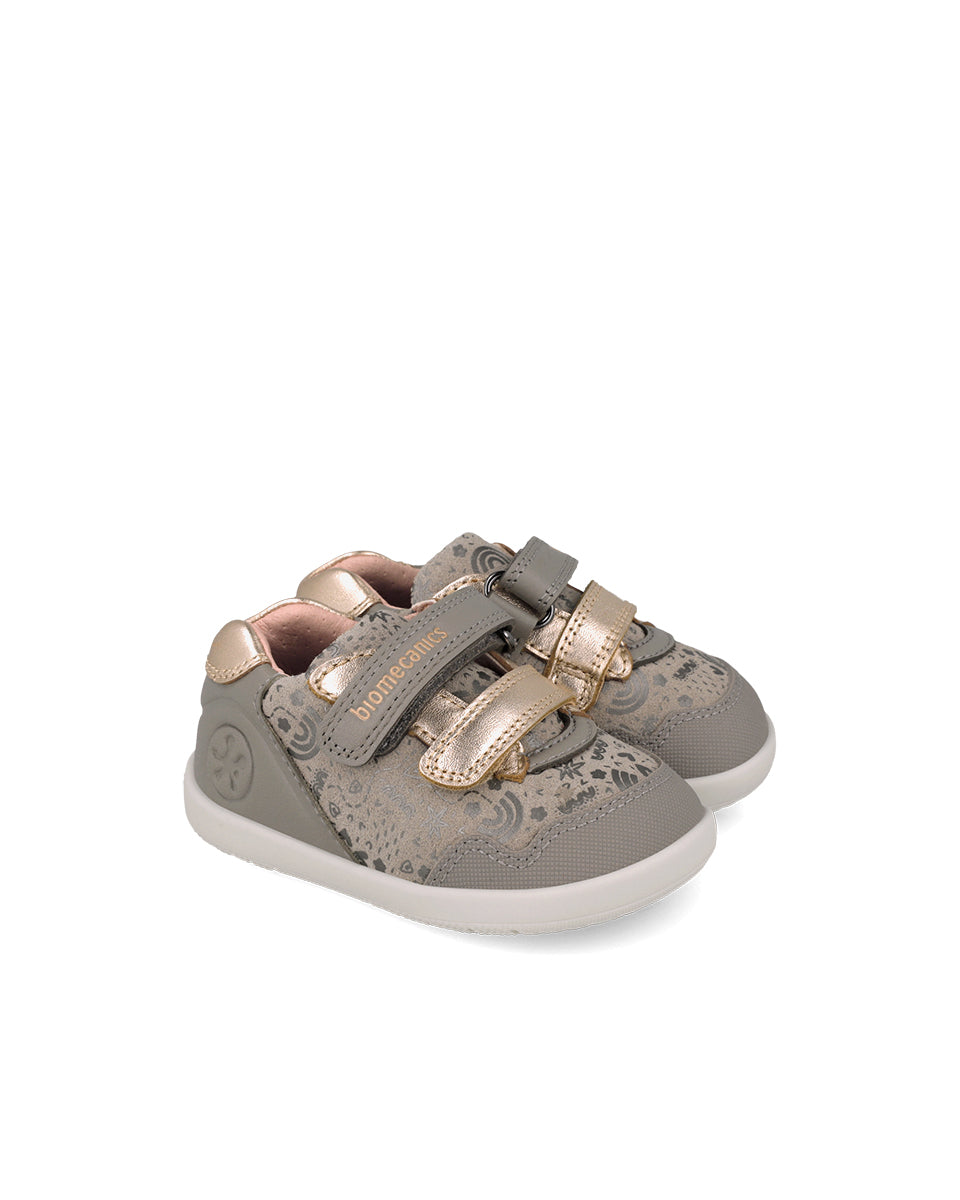 Biomecanics pantofi fete Barefoot 19-26 Sauvage Grigio cu inimioare și flori