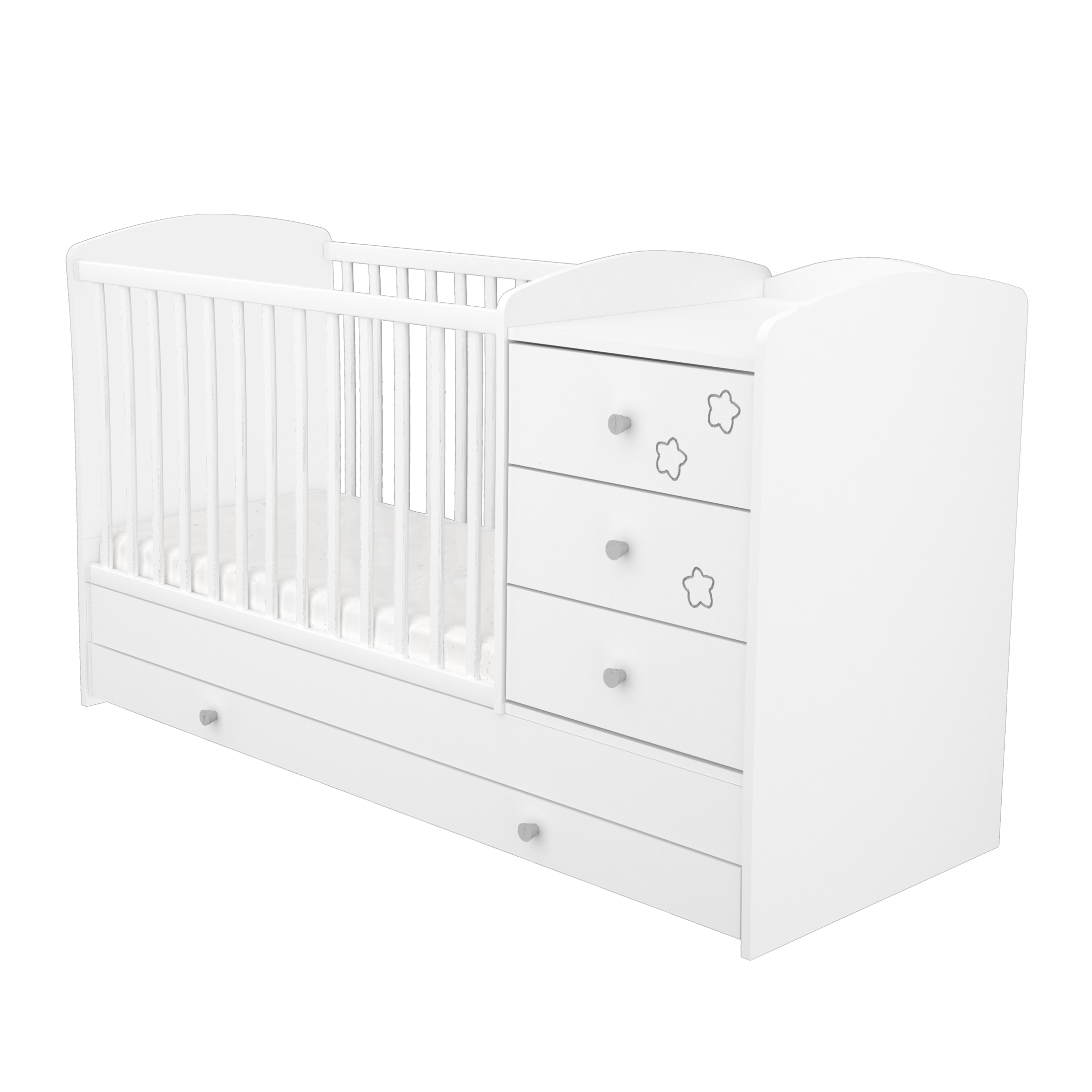 Timba patut din lemn 120x60 cm Felix cu sertar, Alb cu stelute 01 Imagine principală a produsului