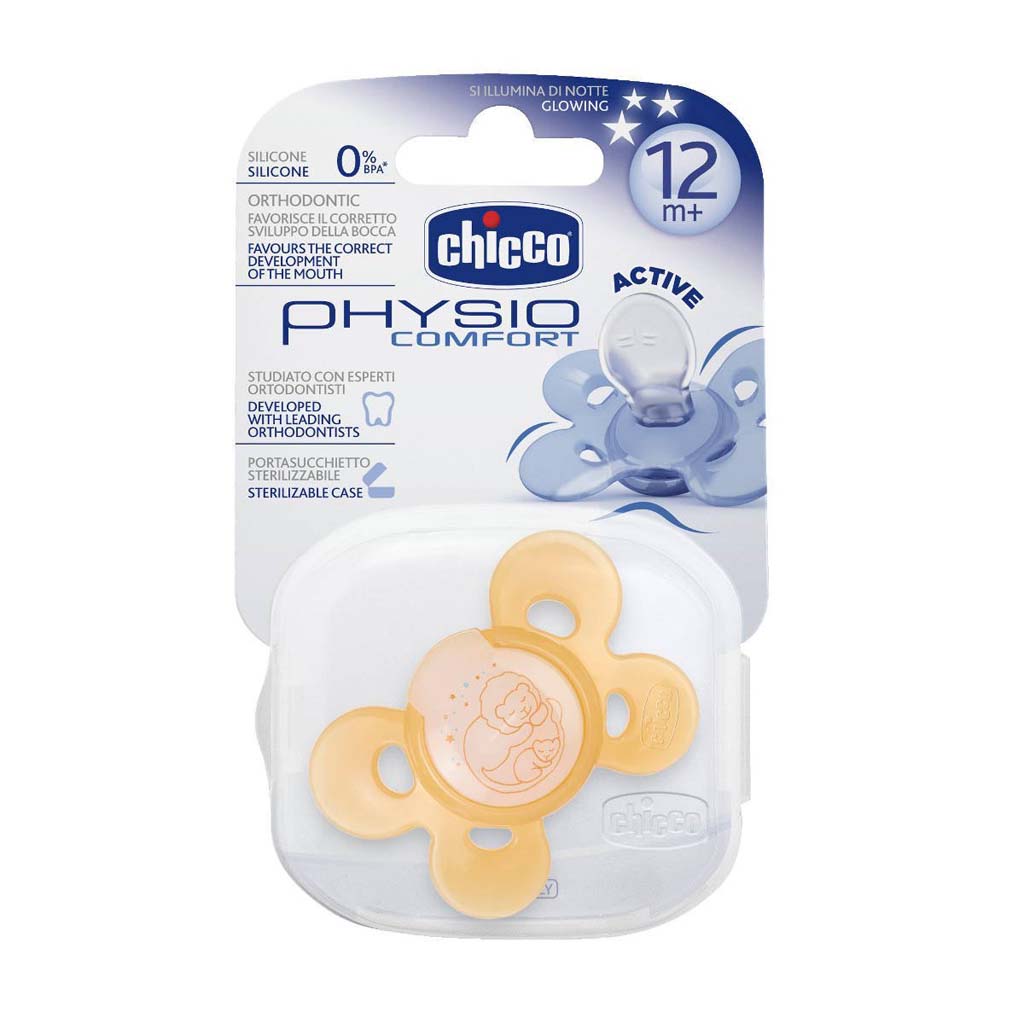 Chicco Suzeta silicon Physio Comfort forma ortodontica 12m+ Galben cu leu