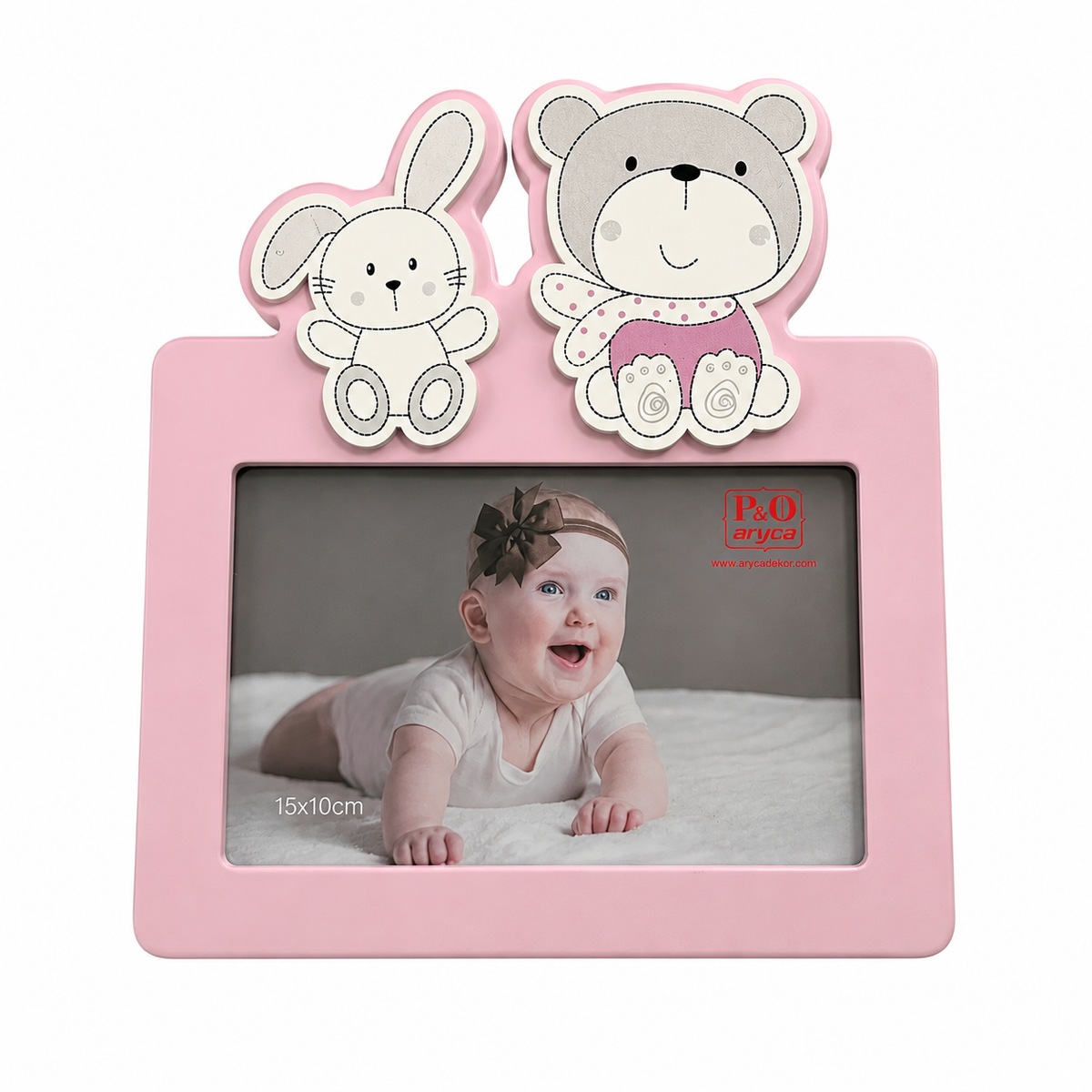 Gedeon rama foto pentru bebelusi din MDF decorat 0m+ Pink cu ursulet si iepuras Imagine principală a produsului