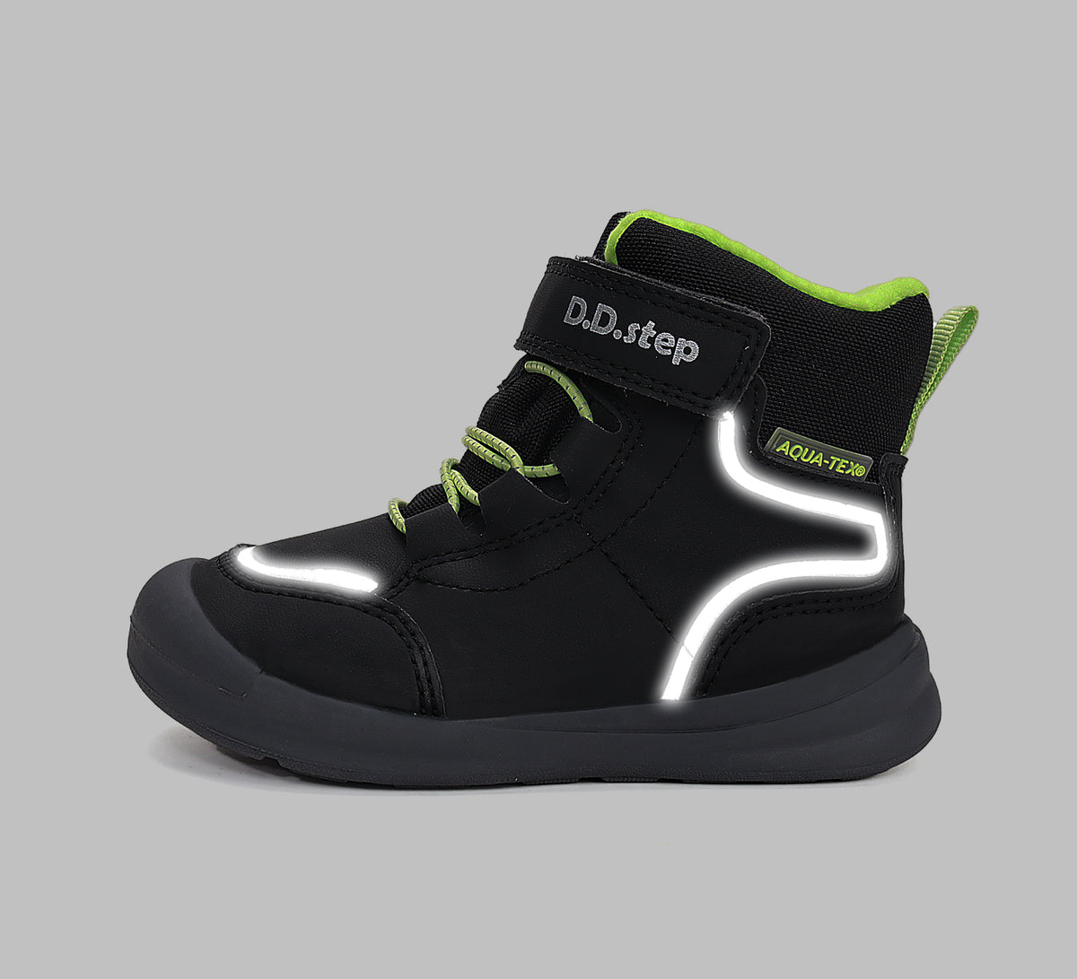 D.D.Step ghete baieti impermeabile si captusite Aqua-Tex 22-33 Black cu verde neon