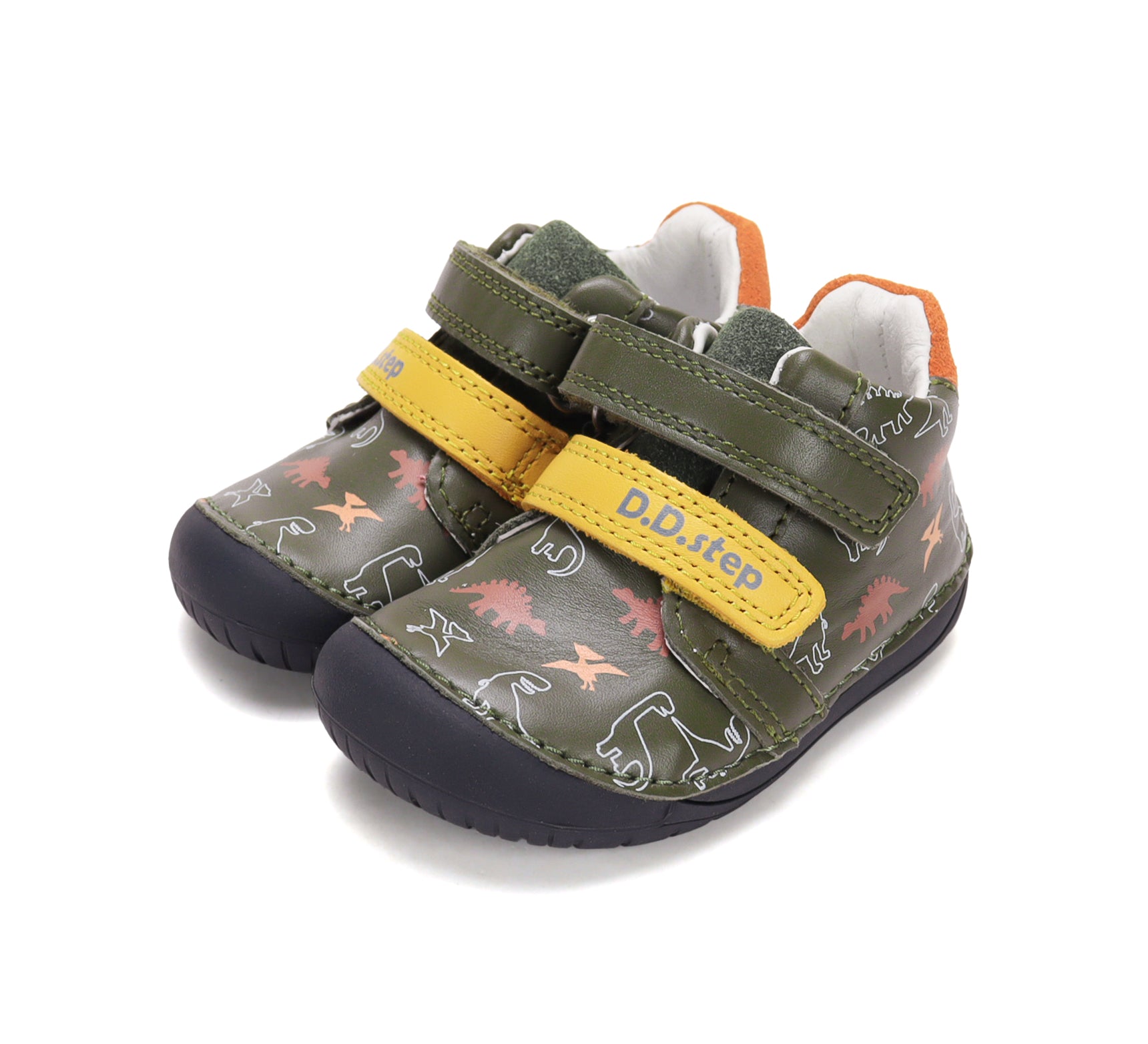 D.D.Step pantofi baieti Barefoot 20-25 Olive cu dinozauri