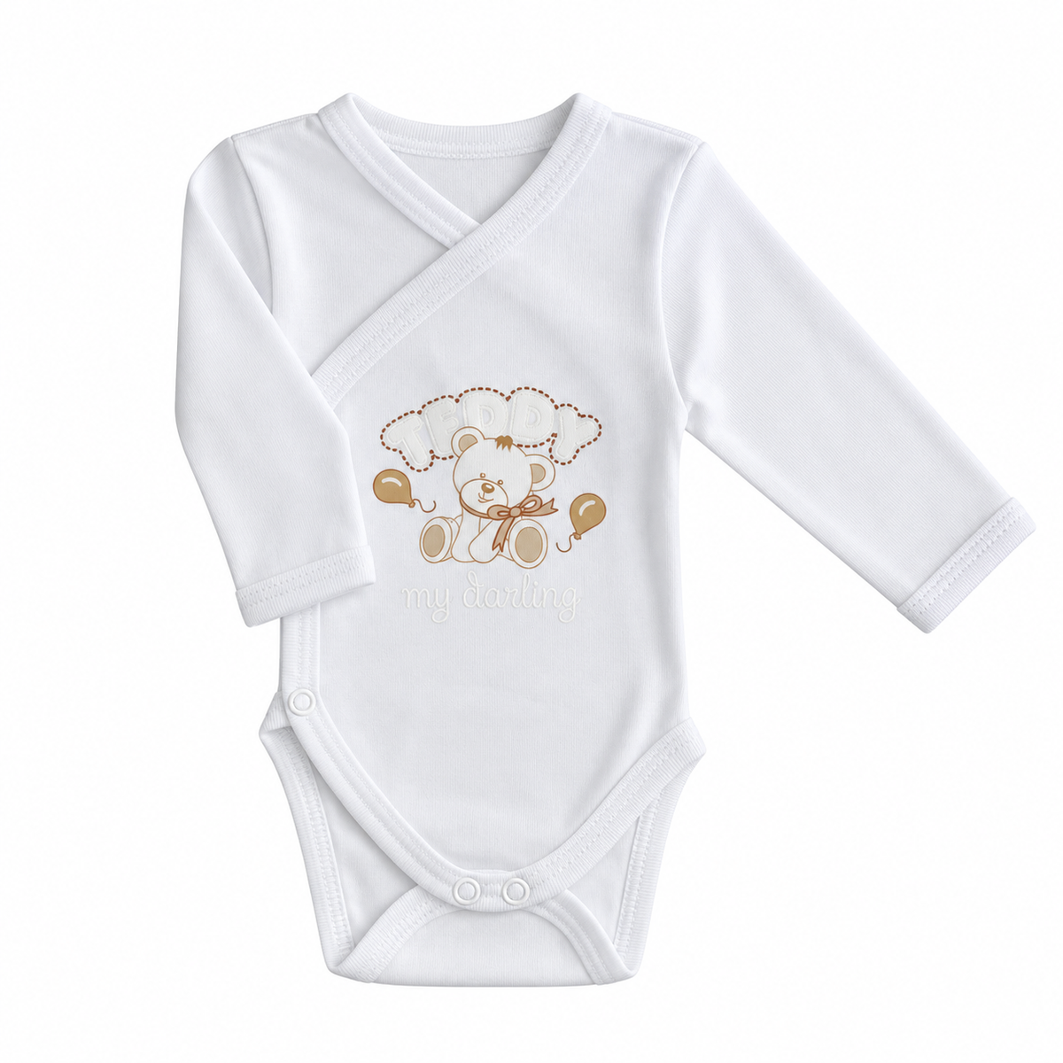 Teddy body cu maneca lunga nou nascuti 44-62 Alb cu ursulet cream Imagine principală a produsului