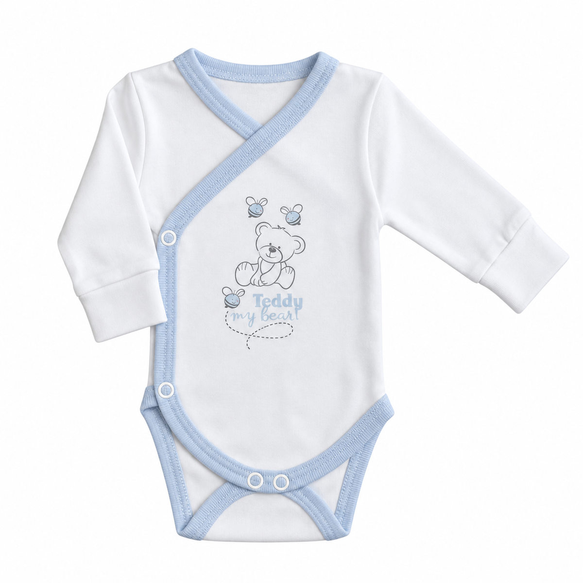 Teddy body cu maneca lunga nou nascuti, Ursulet Alb cu tiv albastru Imagine principală a produsului