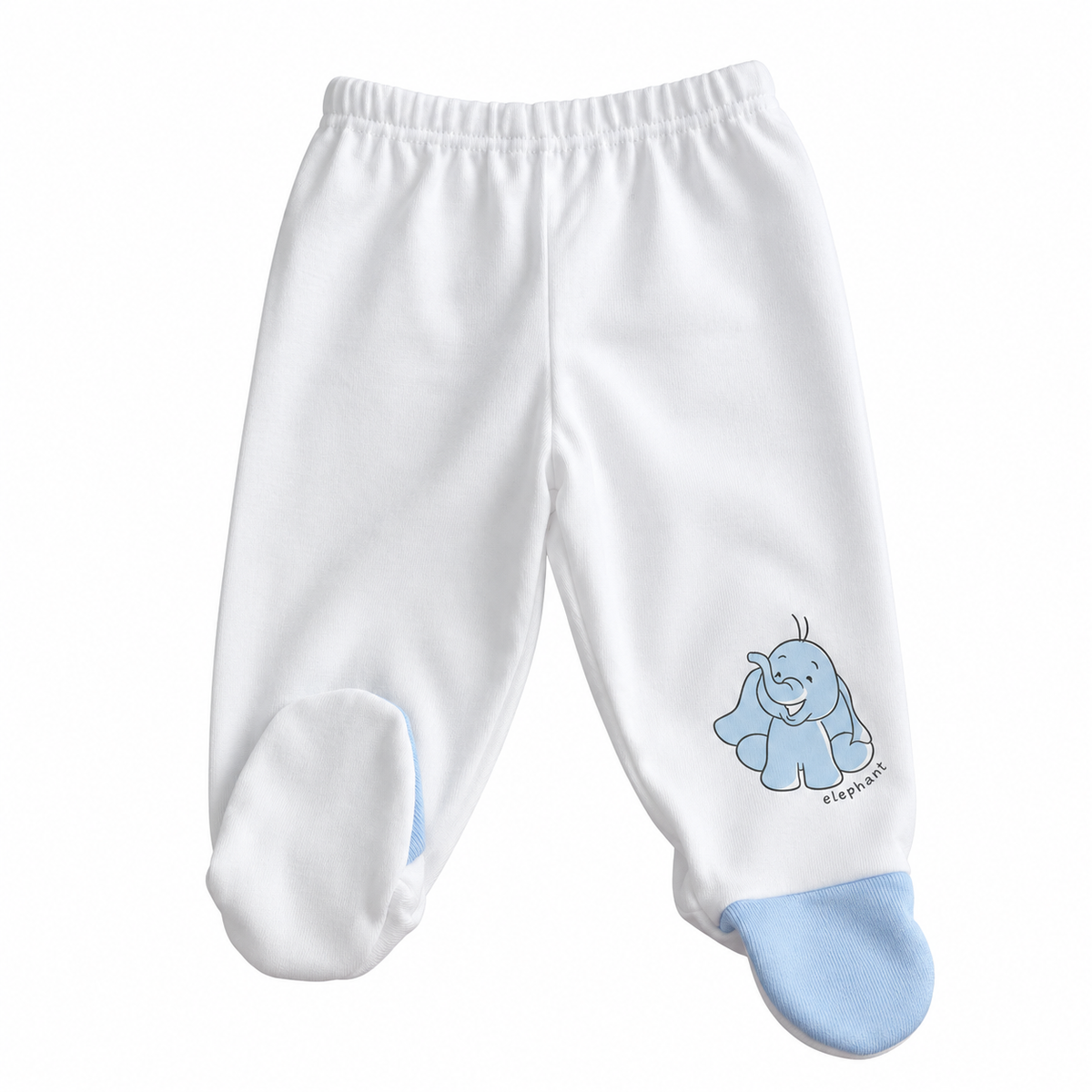 Teddy pantalon lung cu botosei nou nascuti 50-68 Alb cu elefant albastru Imagine principală a produsului