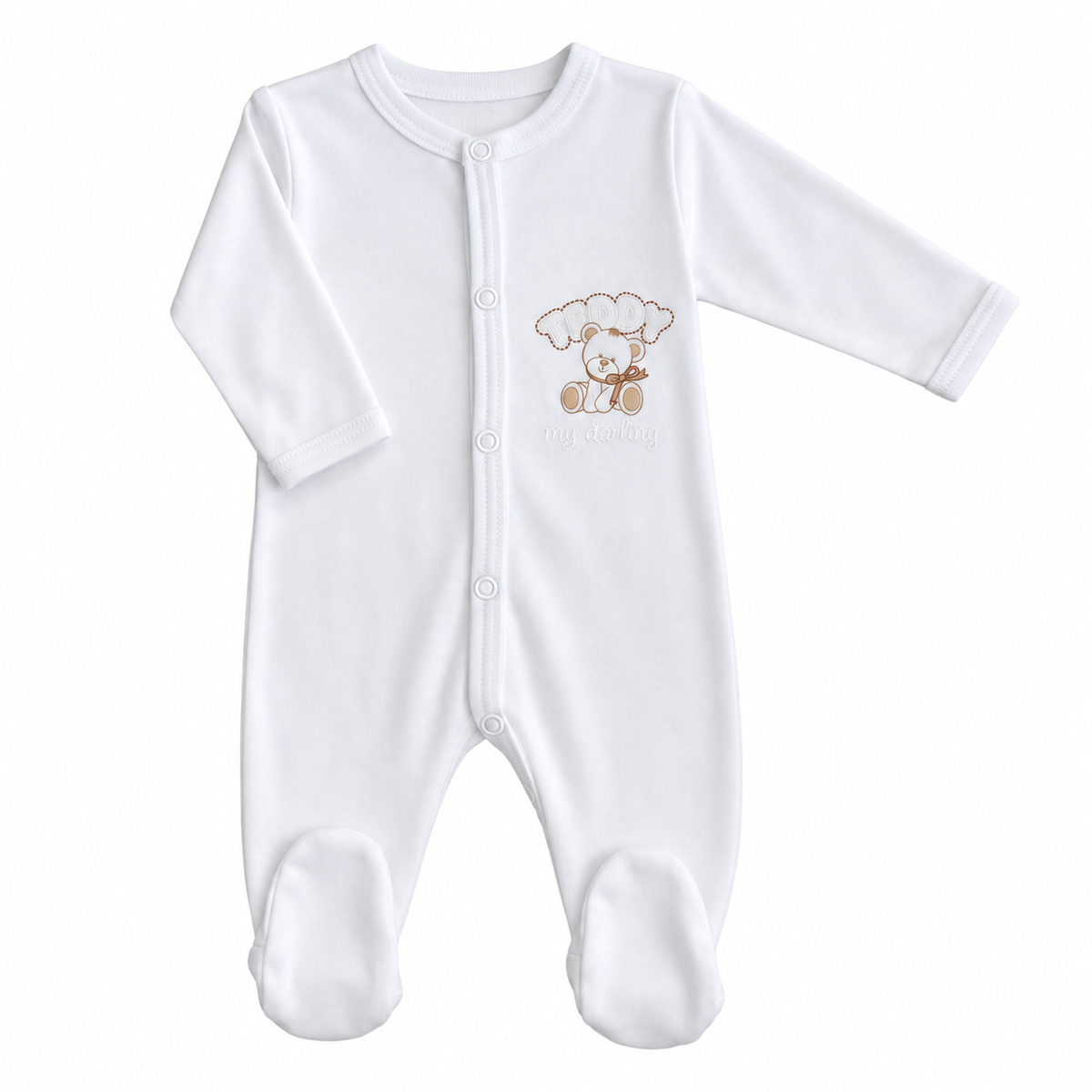 Teddy salopeta cu maneca lunga nou nascuti 44-62 Alb cu ursulet cream