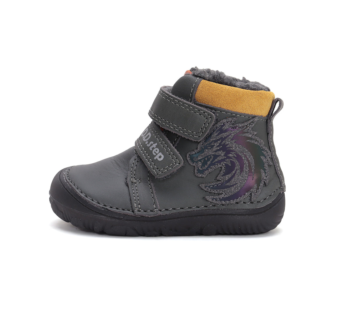 D.D.Step ghete baieti Barefoot imblanite cu talpa fluorescenta 20-25 Dark Grey cu lup