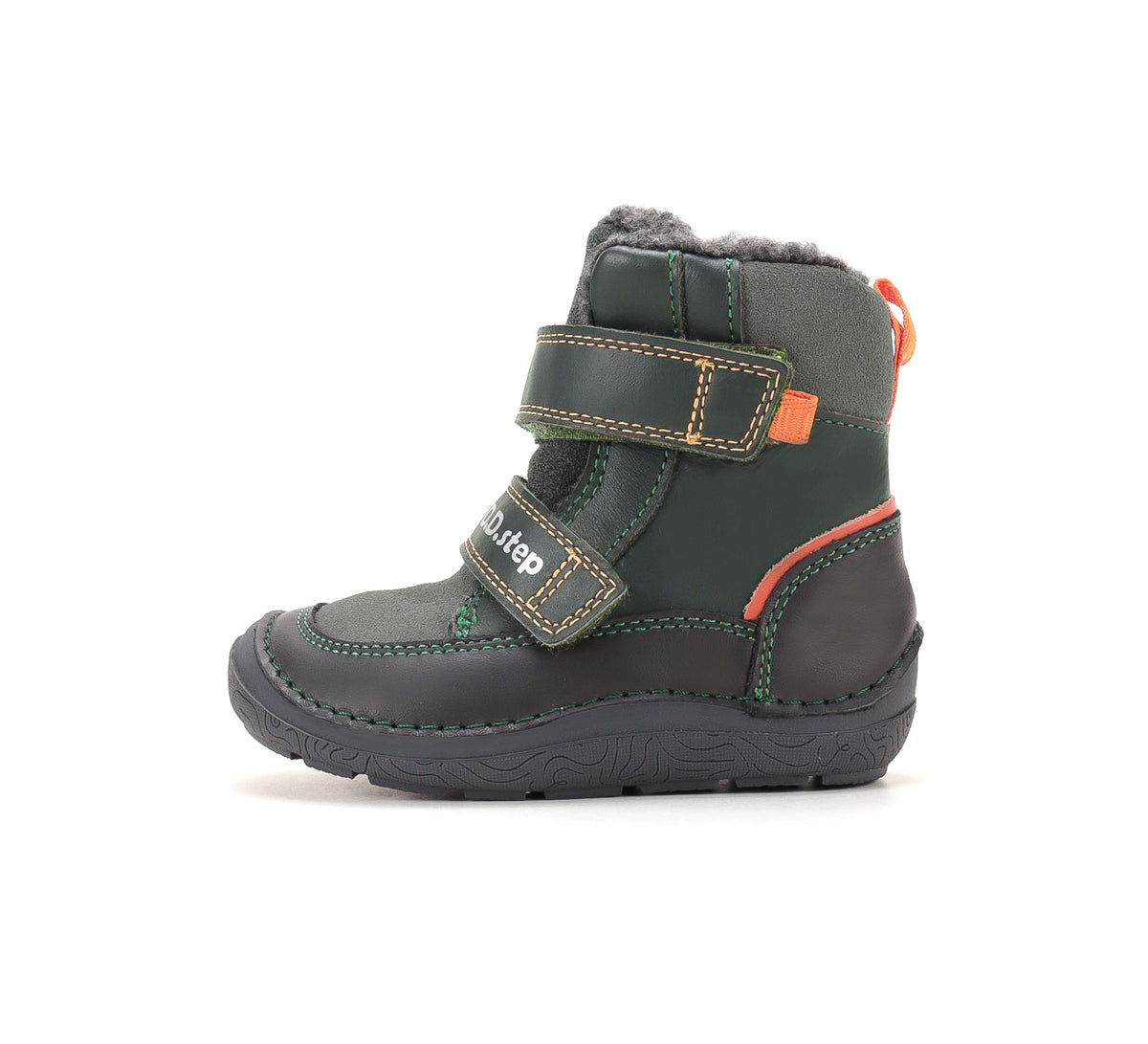 D.D.Step ghete baieti Barefoot captusite 28-33 Olive cu dunga portocalie