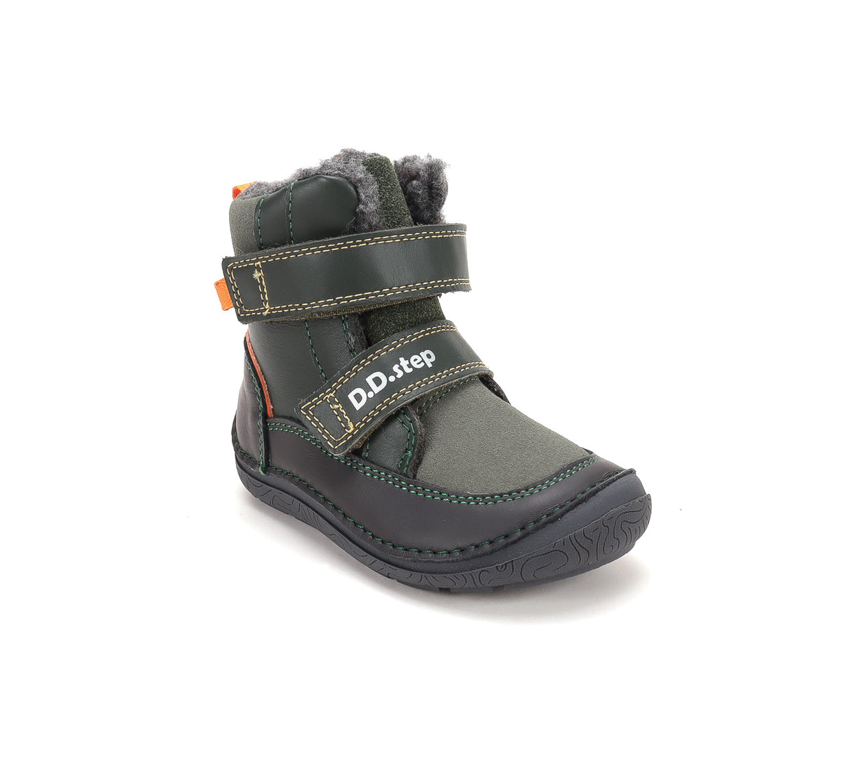 D.D.Step ghete baieti Barefoot captusite 28-33 Olive cu dunga portocalie