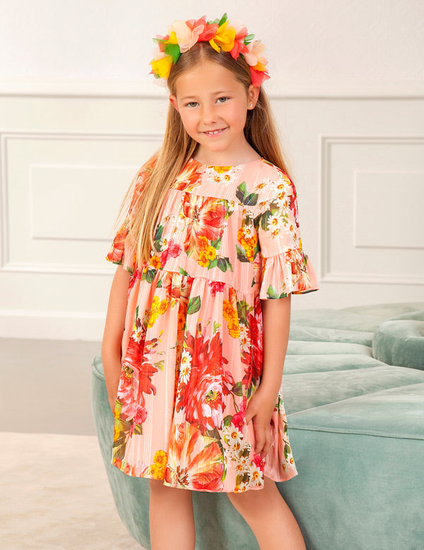 Abel&Lula rochita fete sifon lurex imprimeu 4-14 ani, Peach 01