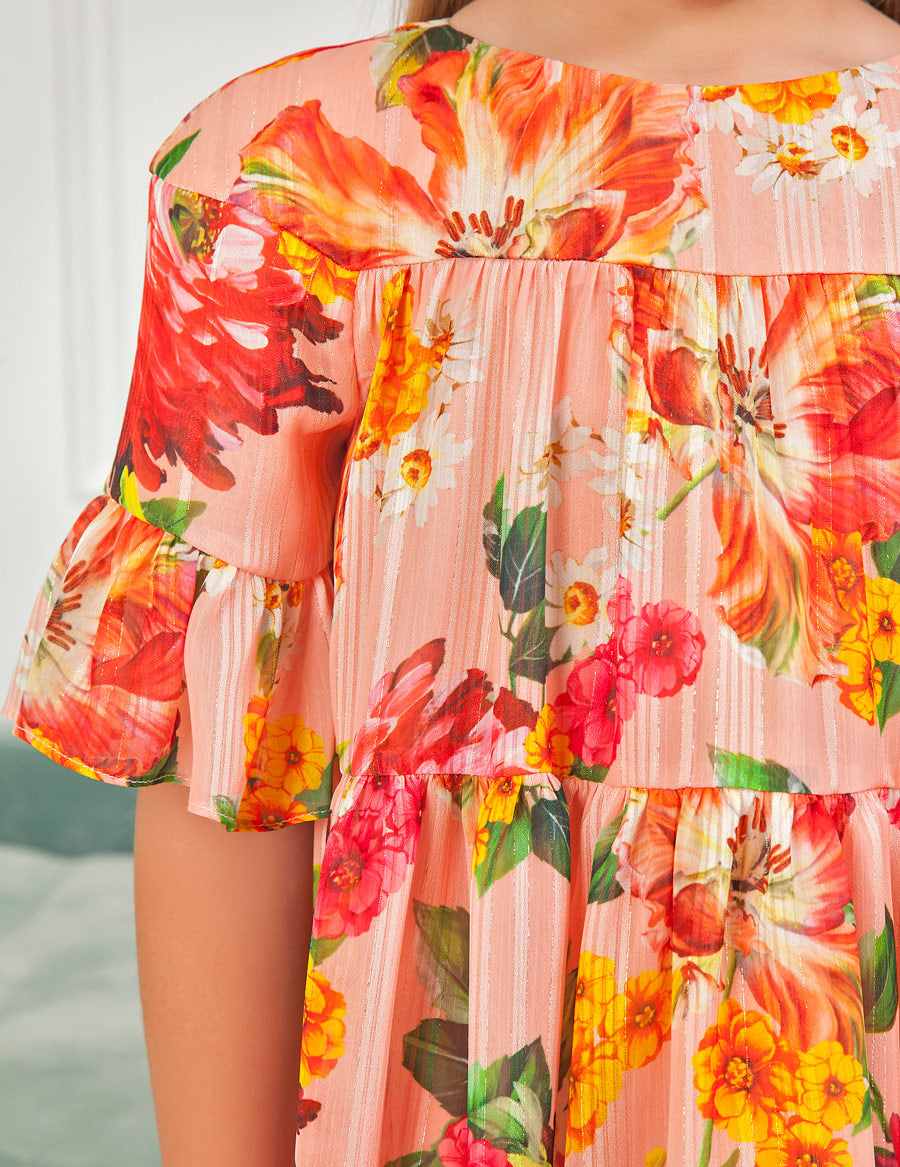 Abel&Lula rochita fete sifon lurex imprimeu 4-14 ani, Peach