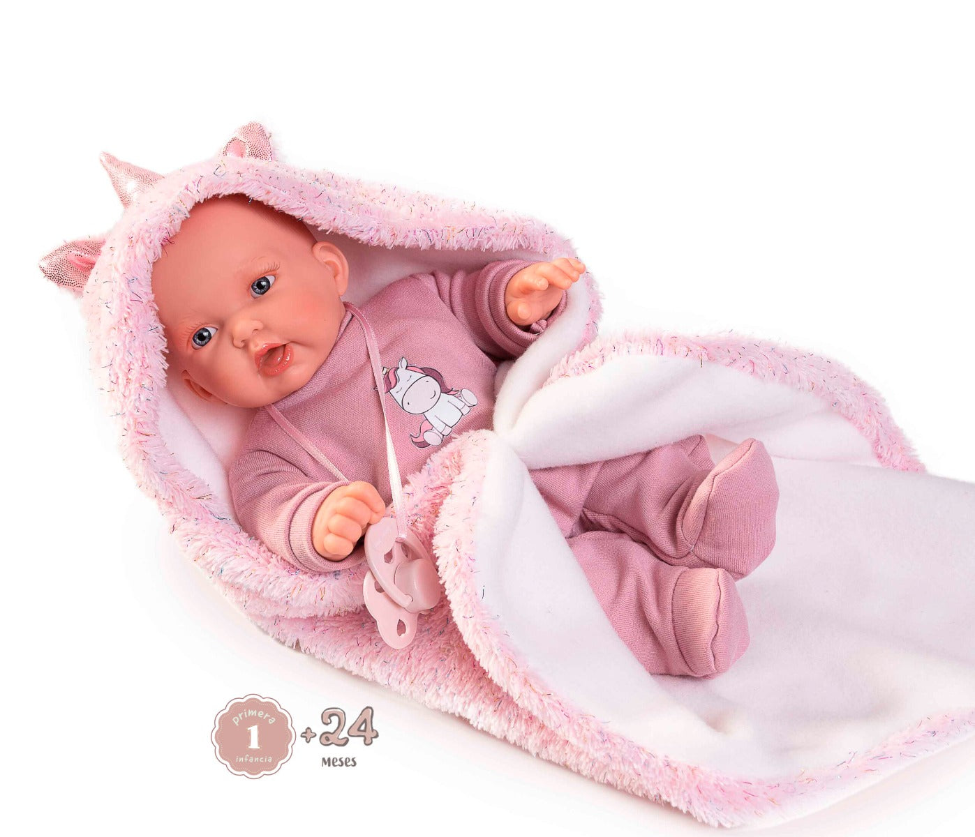 Antonio Juan papusa Petit cu mecanism de plans si patura unicorn 2 ani+