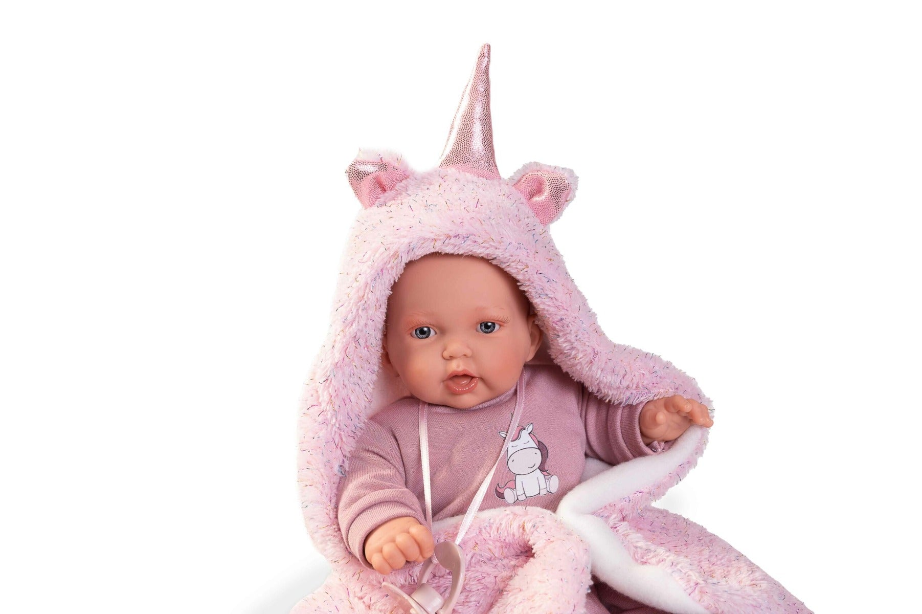 Antonio Juan papusa Petit cu mecanism de plans si patura unicorn 2 ani+