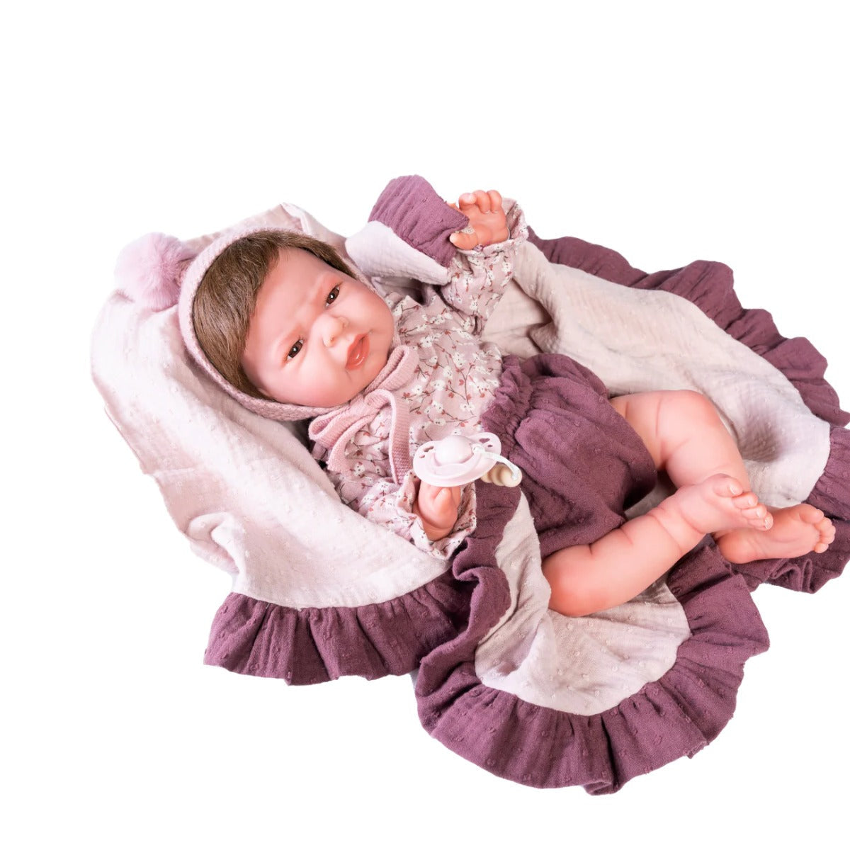 Antonio Juan papusa  Reborn Lea cu paturica mov 42 cm 3 ani+