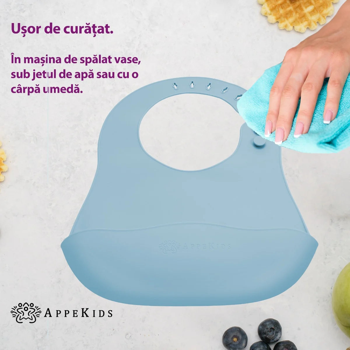 AppeKids baveta silicon cu buzunarel 6m+ Aqua Blue