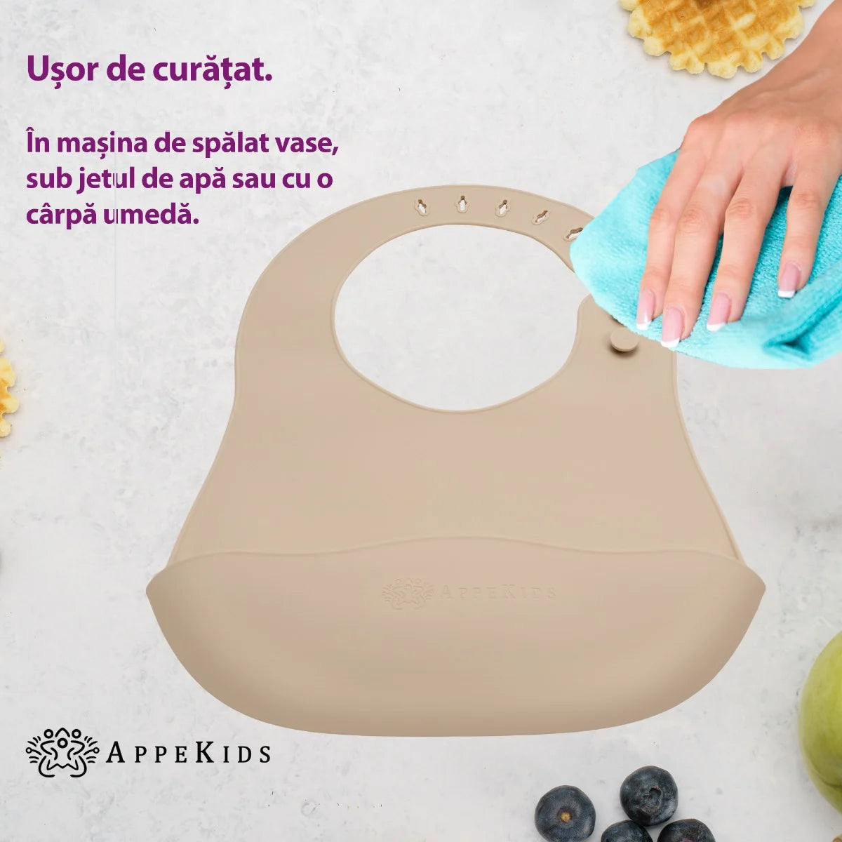 AppeKids baveta silicon cu buzunarel 6m+ Bubble Beige
