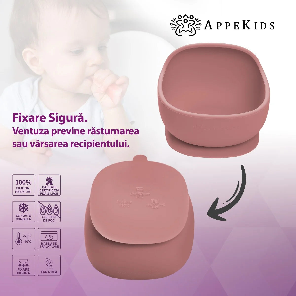 AppeKids bol silicon cu ventuza Classic 6m+ Old Rose