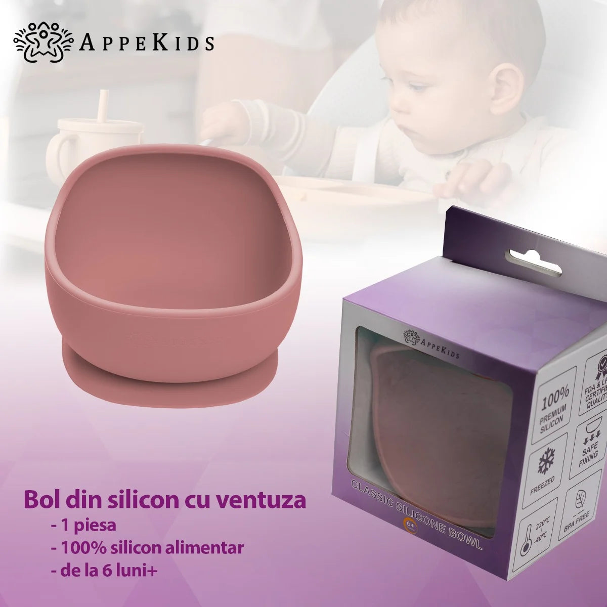 AppeKids bol silicon cu ventuza Classic 6m+ Old Rose