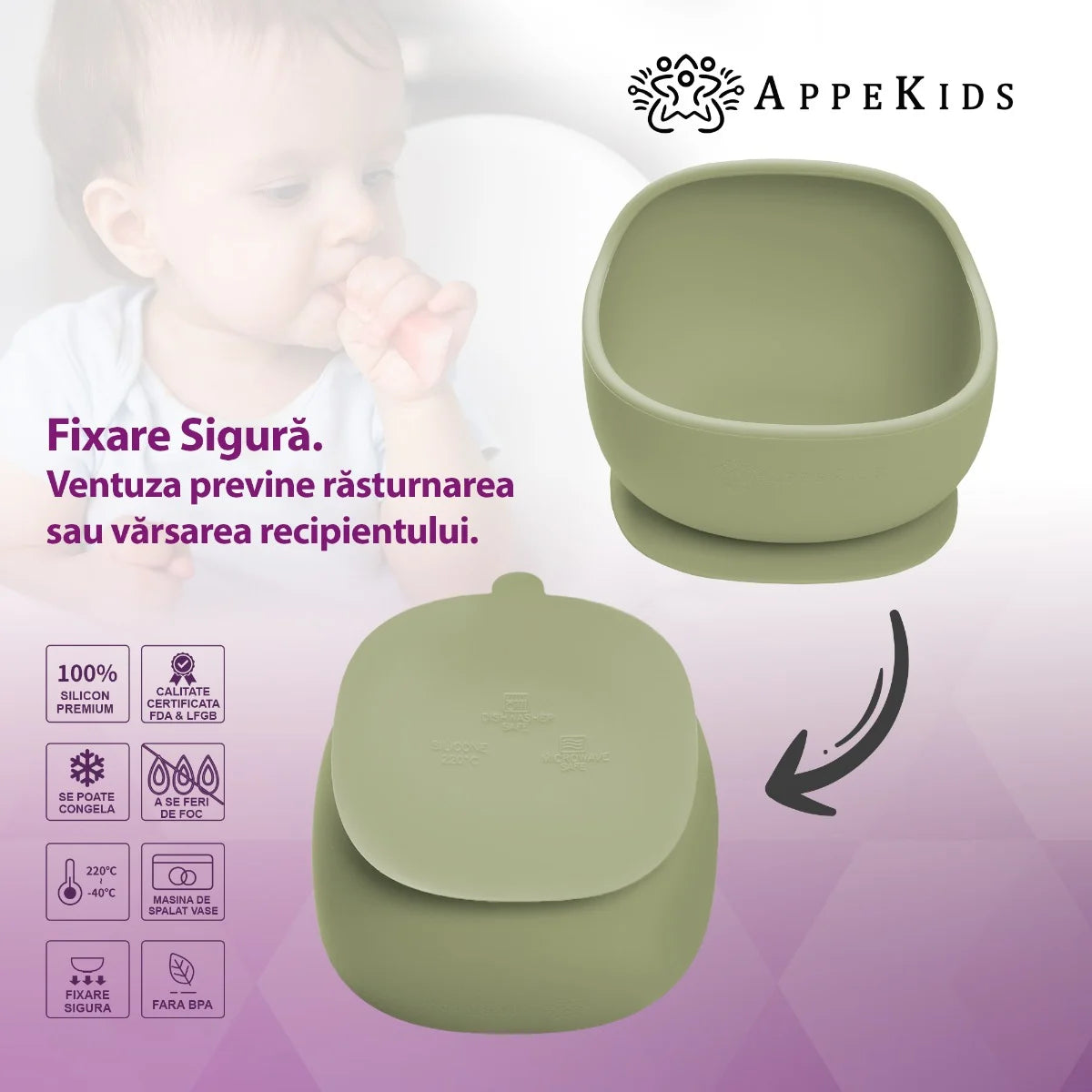 AppeKids bol silicon cu ventuza Classic 6m+ Raw Green