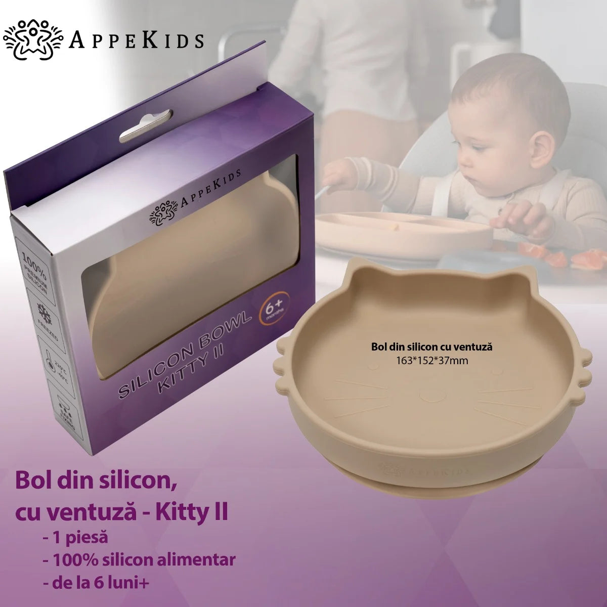 AppeKids bol silicon cu ventuza Kitty II pentru 6m+ Bubble Beige