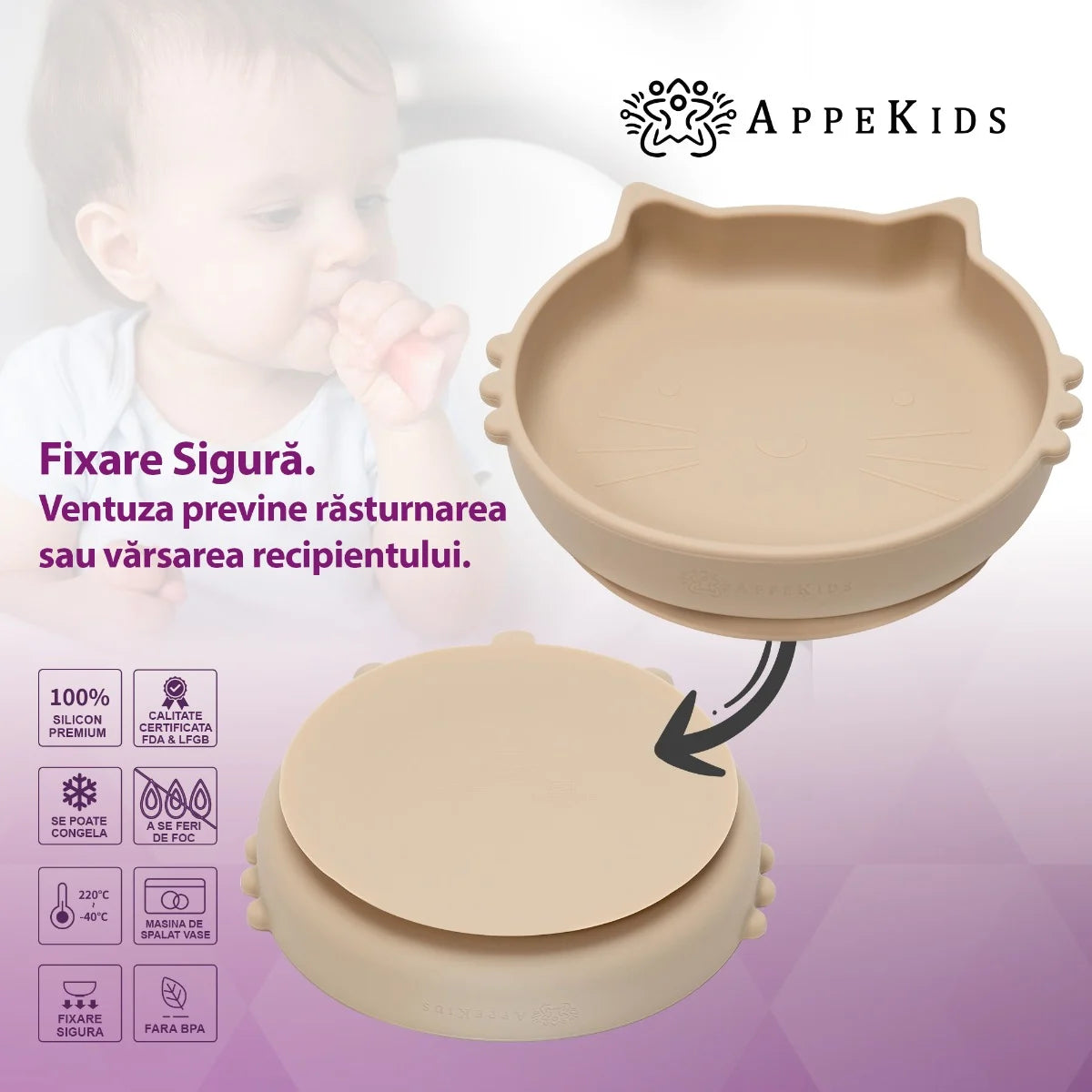 AppeKids bol silicon cu ventuza Kitty II pentru 6m+ Bubble Beige