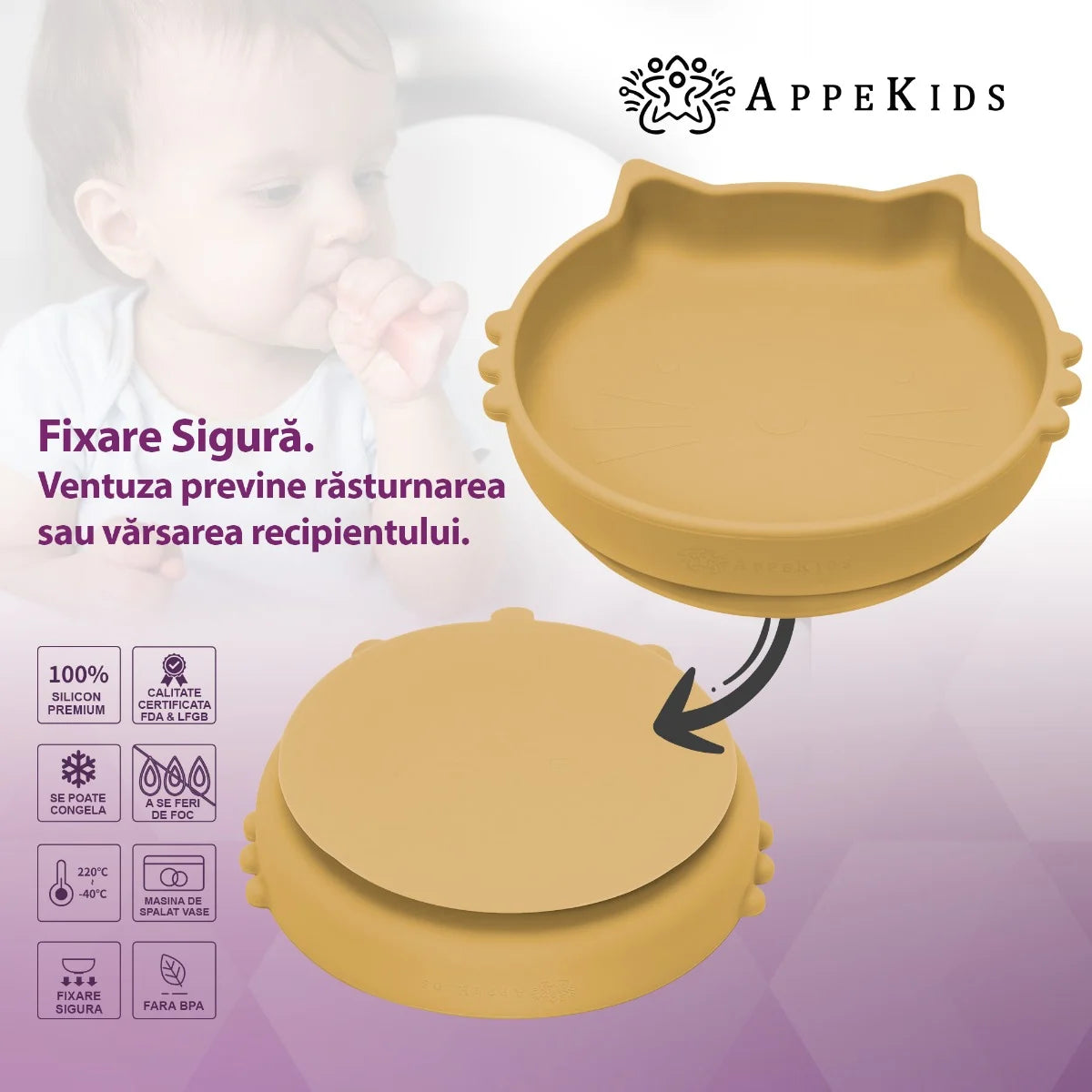 AppeKids bol silicon cu ventuza Kitty II pentru 6m+ Honey