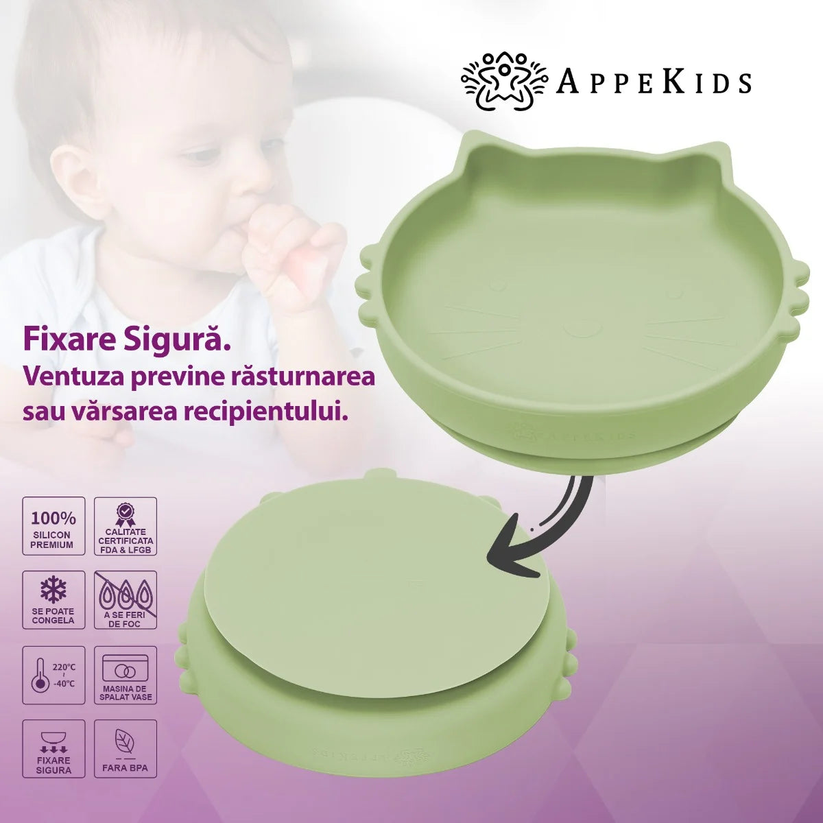 AppeKids bol silicon cu ventuza Kitty II pentru 6m+ Raw Green