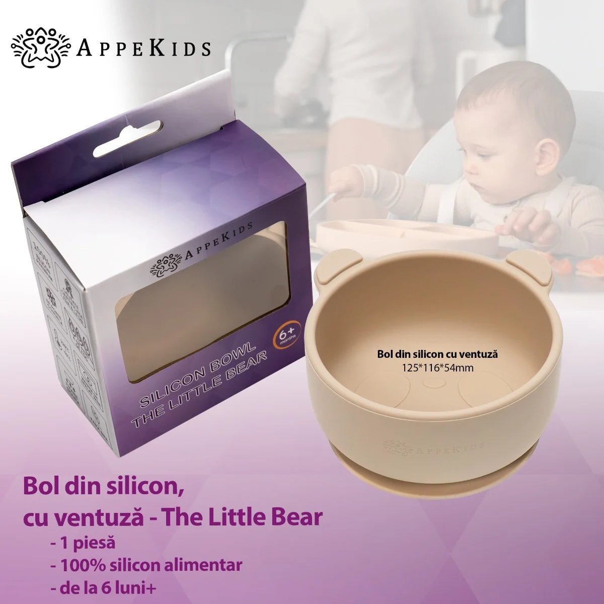 AppeKids bol silicon cu ventuza Little Bear 6m+ Bubble Beige