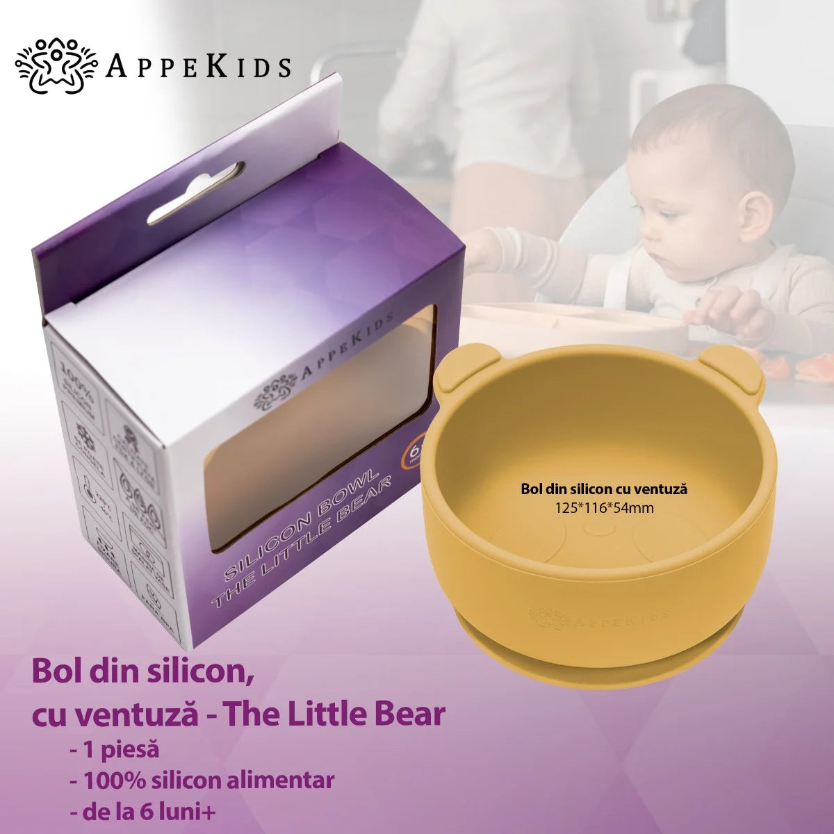 AppeKids bol silicon cu ventuza Little Bear 6m+ Honey