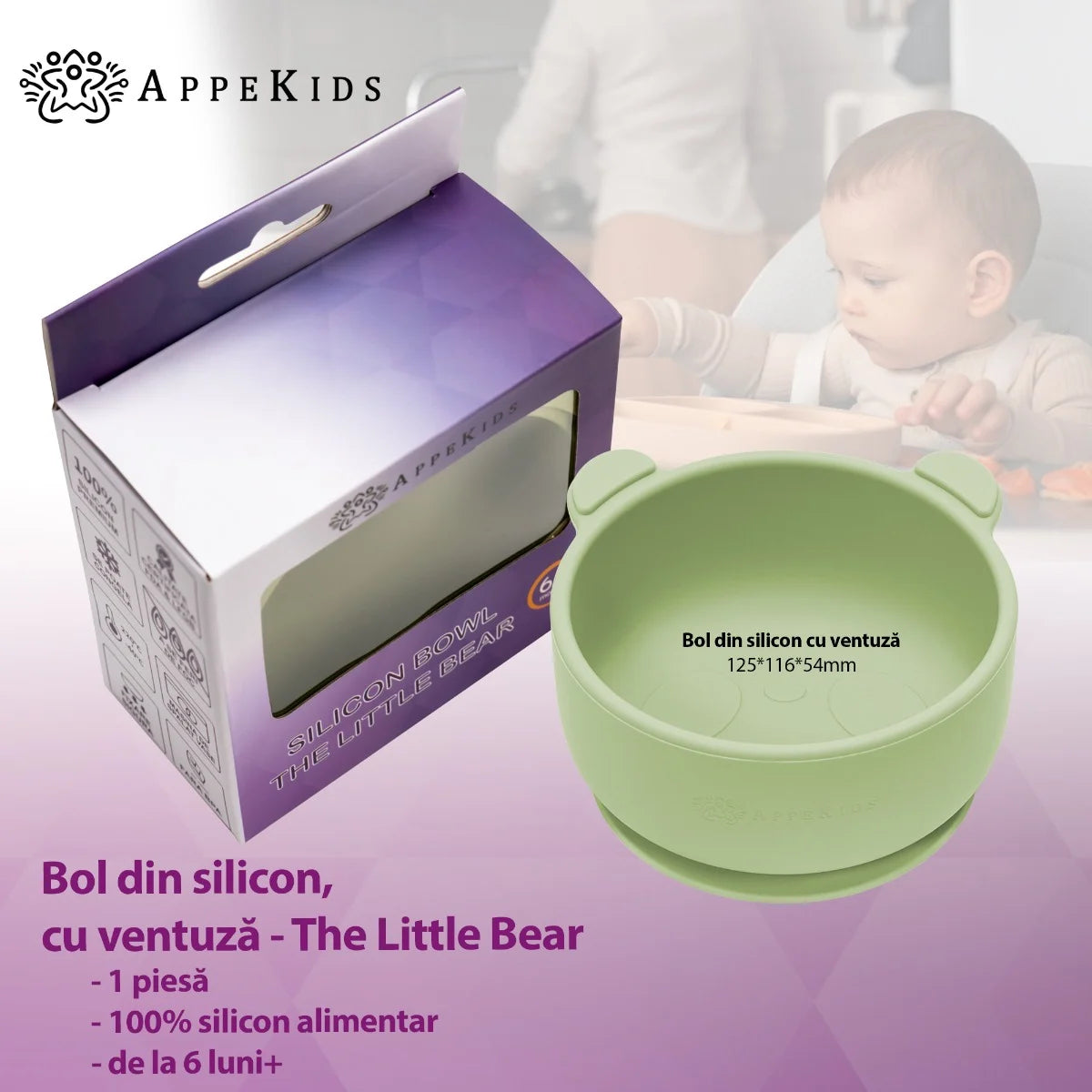 AppeKids bol silicon cu ventuza Little Bear 6m+ Raw Green