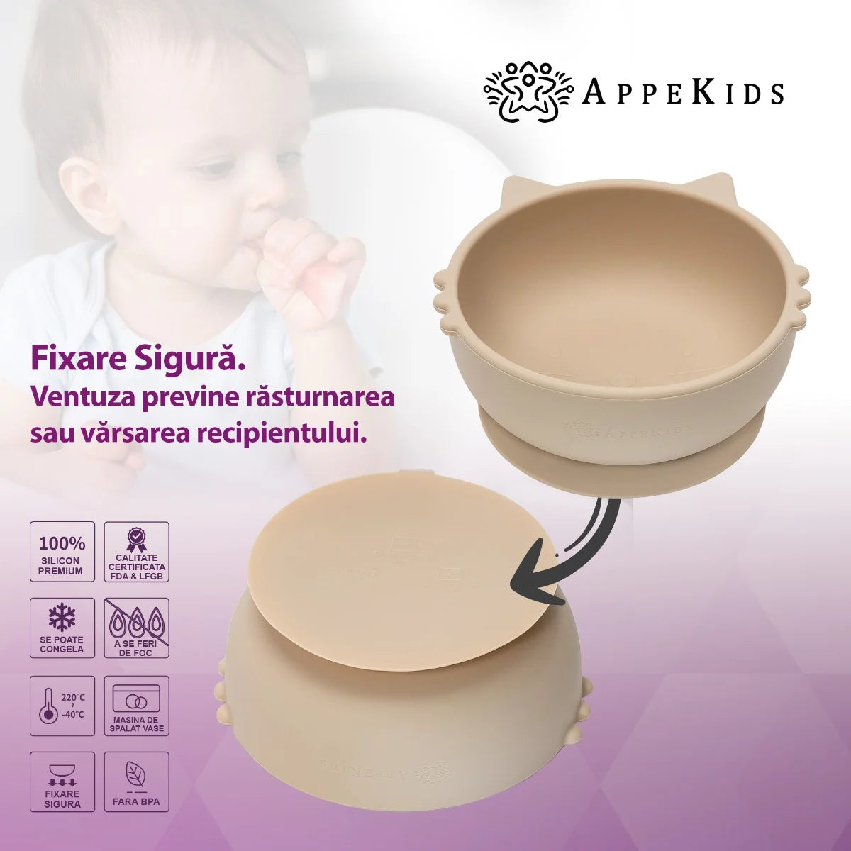 AppeKids bol silicon cu ventuza Kitty I pentru 6m+ Bubble Beige