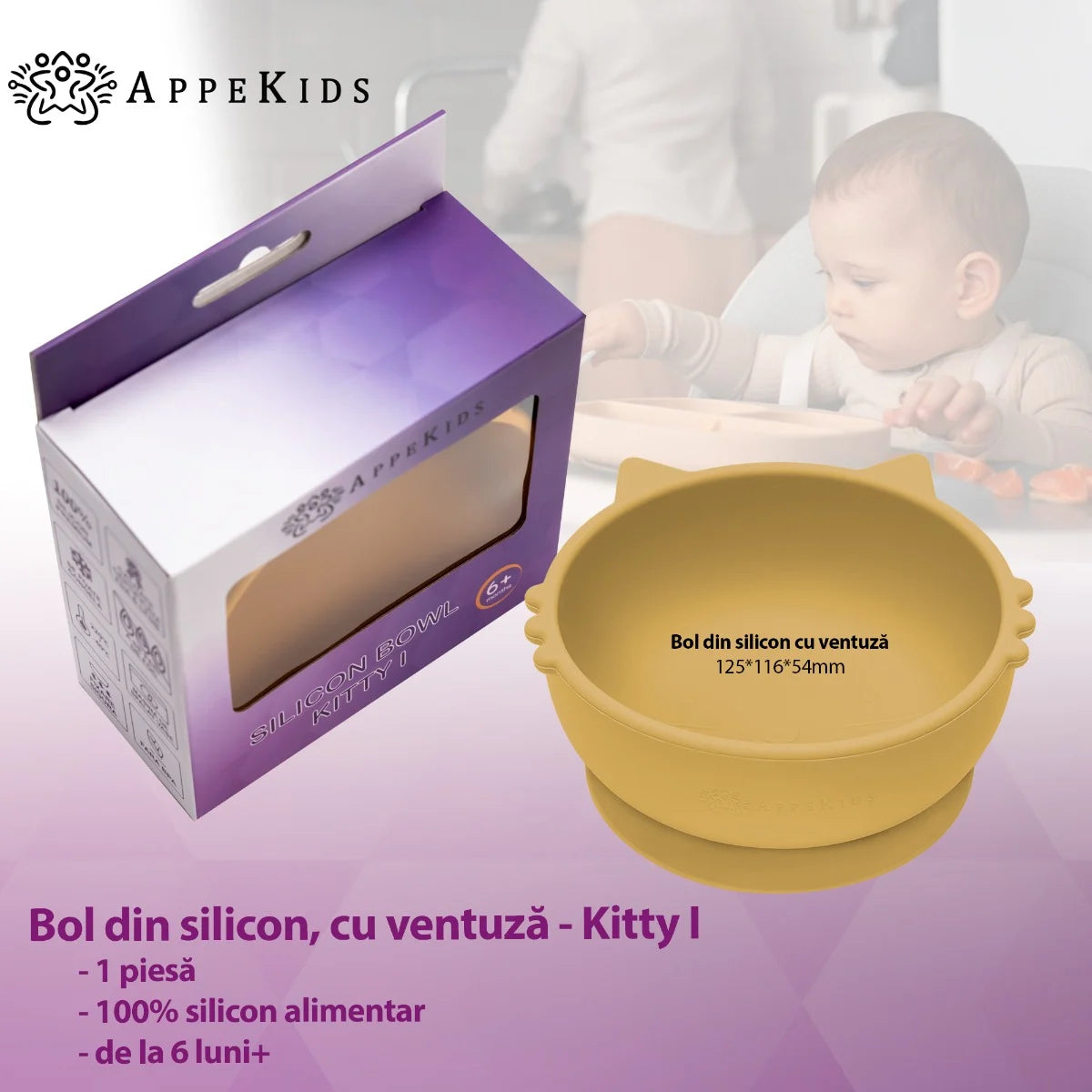 AppeKids bol silicon cu ventuza Kitty I pentru 6m+ Honey