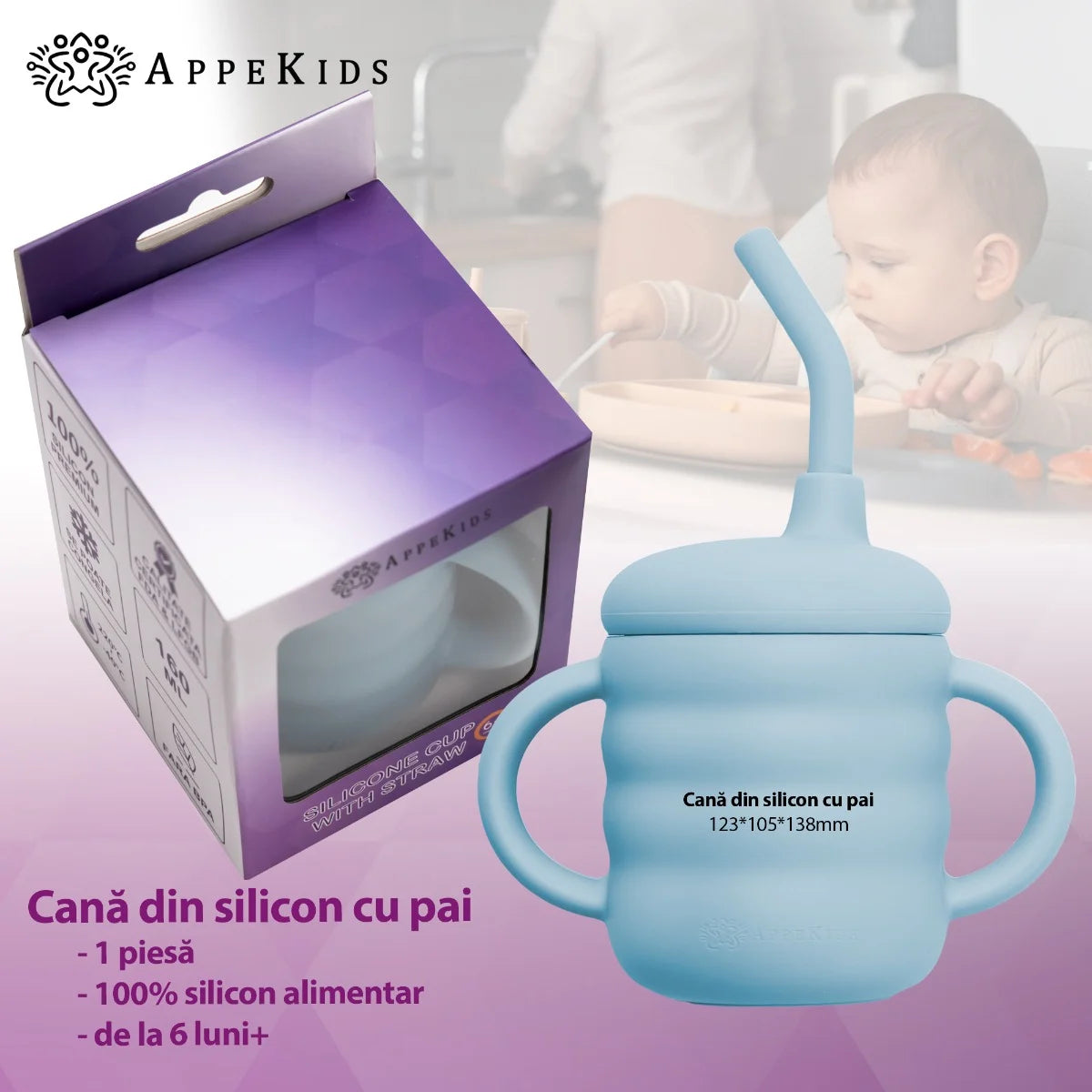 AppeKids cana din silicon cu pai 6m+ Aqua Blue