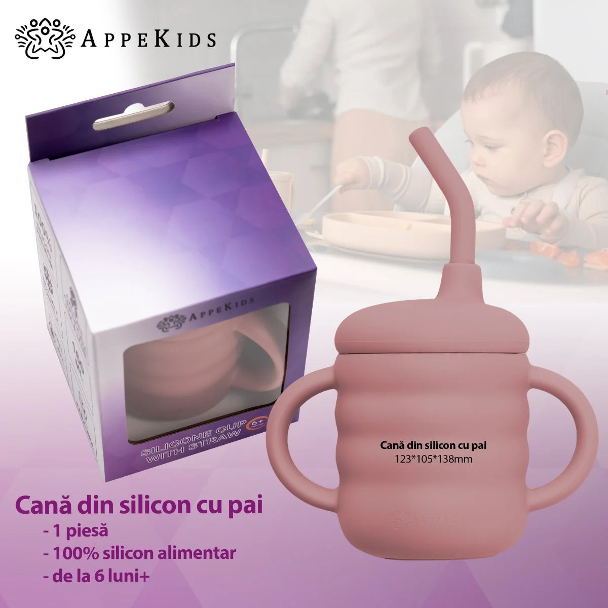 AppeKids cana din silicon cu pai 6m+ Old Rose