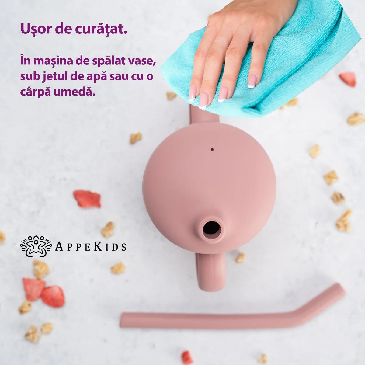AppeKids cana din silicon cu pai 6m+ Old Rose