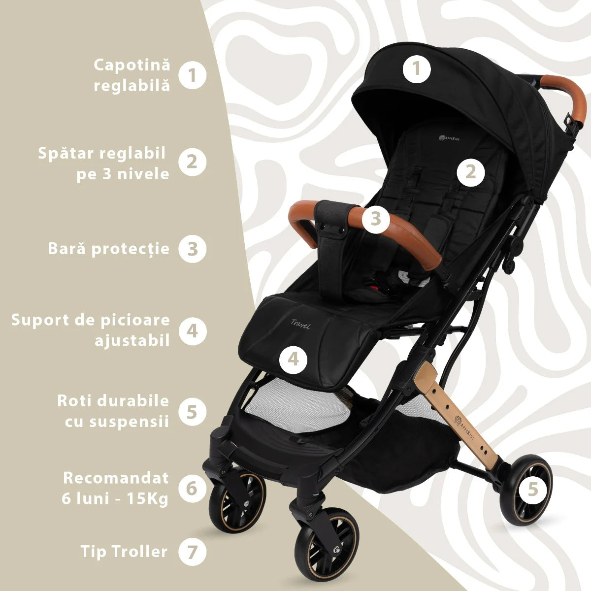 AppeKids carucior sport ultracompact Travel tip troller 6m+ Black