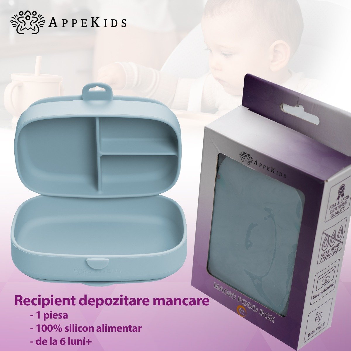 AppeKids caserola compartimentata din silicon cu ventuza Magic Box 6m+ Aqua Blue