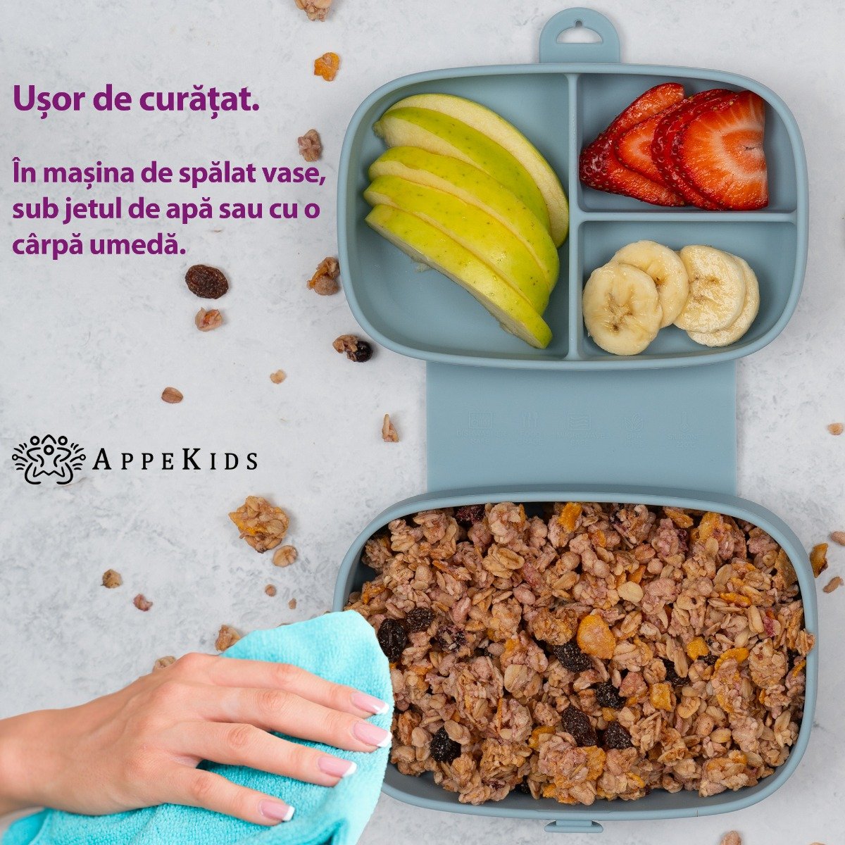 AppeKids caserola compartimentata din silicon cu ventuza Magic Box 6m+ Aqua Blue