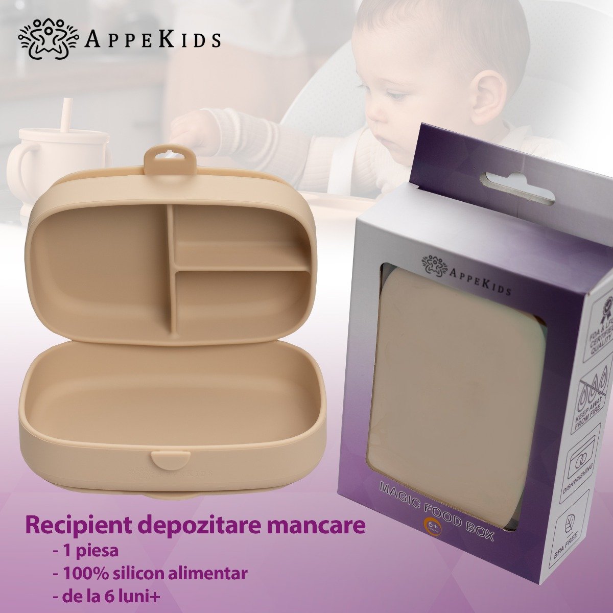 AppeKids caserola compartimentata din silicon cu ventuza Magic Box 6m+ Bubble Beige