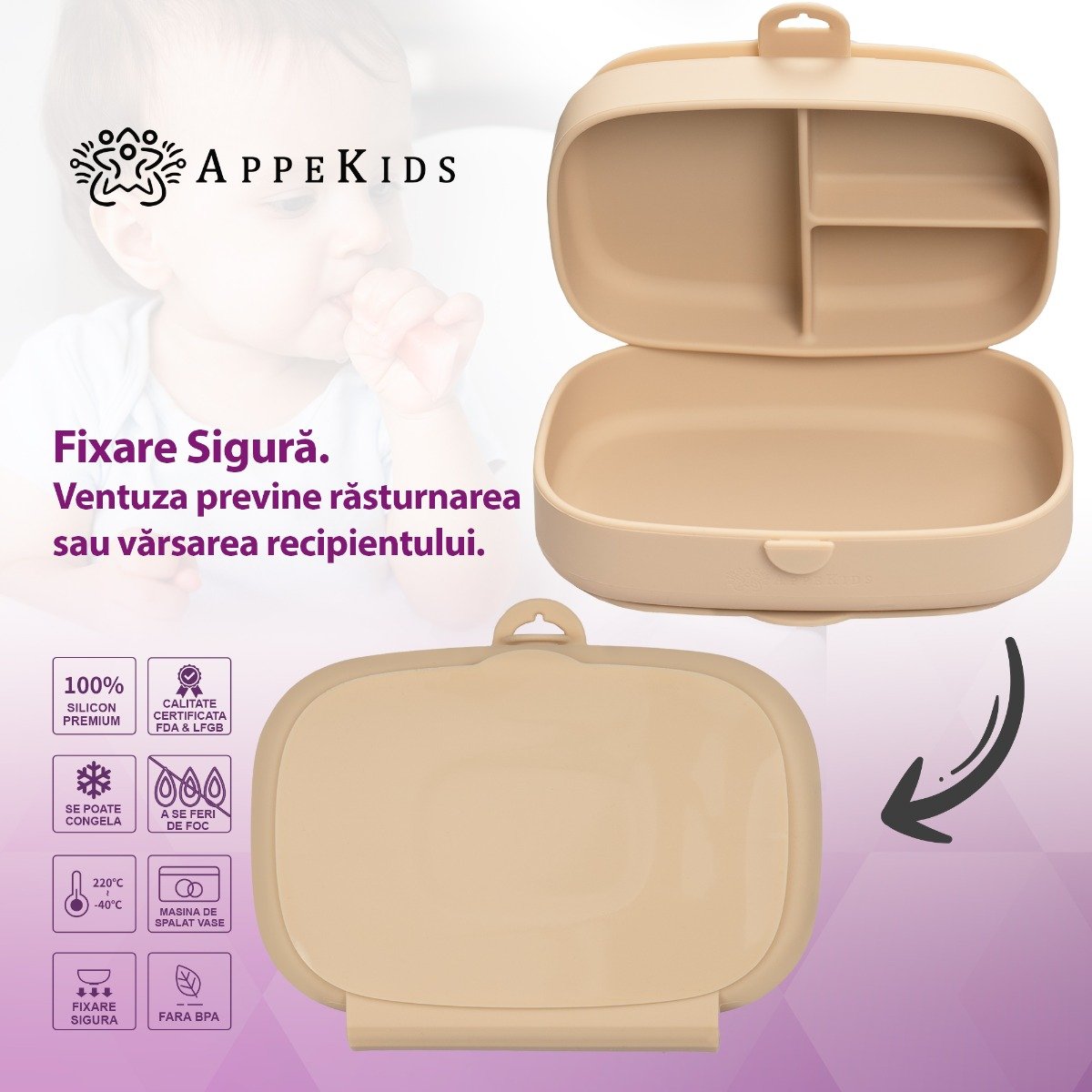 AppeKids caserola compartimentata din silicon cu ventuza Magic Box 6m+ Bubble Beige