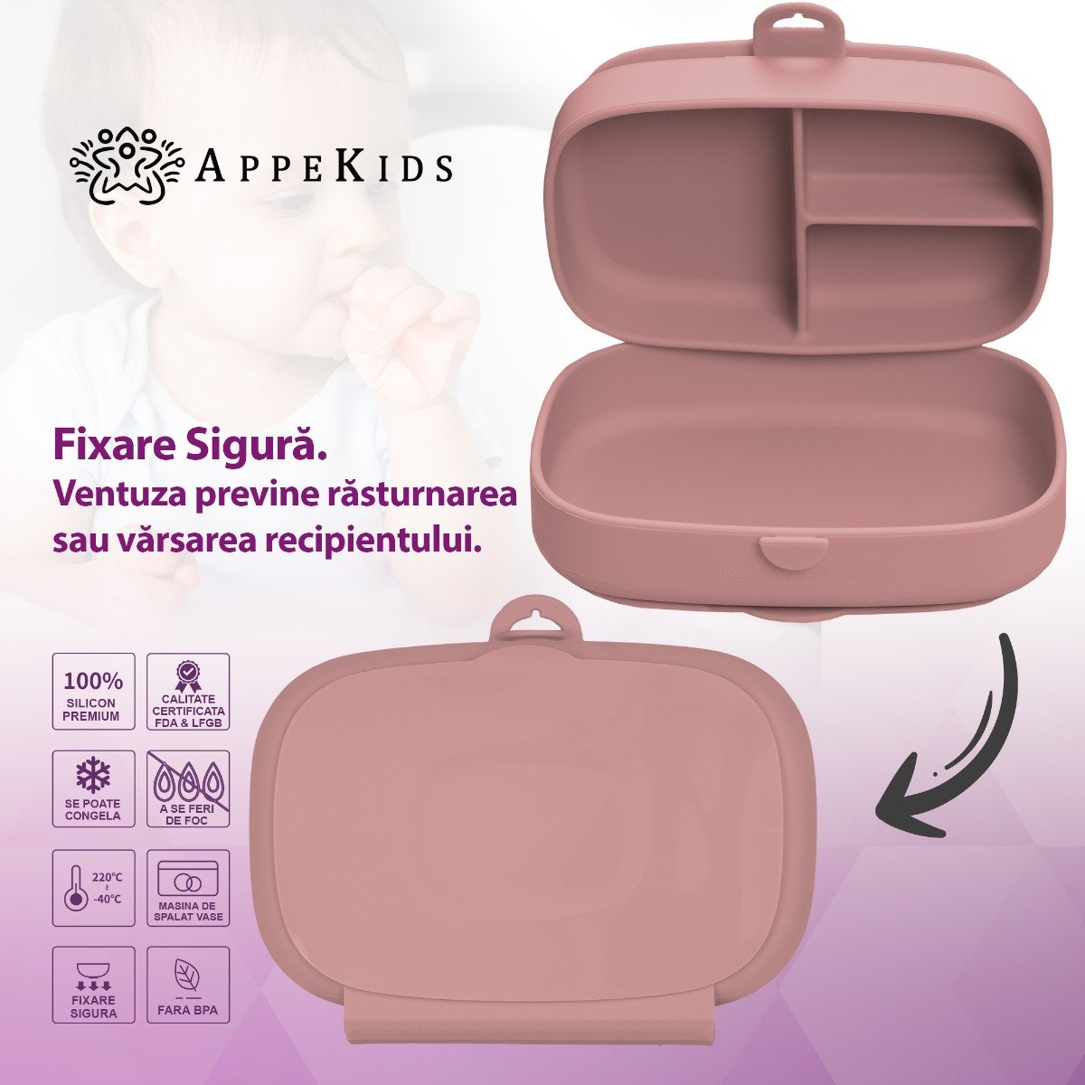 AppeKids caserola compartimentata din silicon cu ventuza Magic Box 6m+ Old Rose