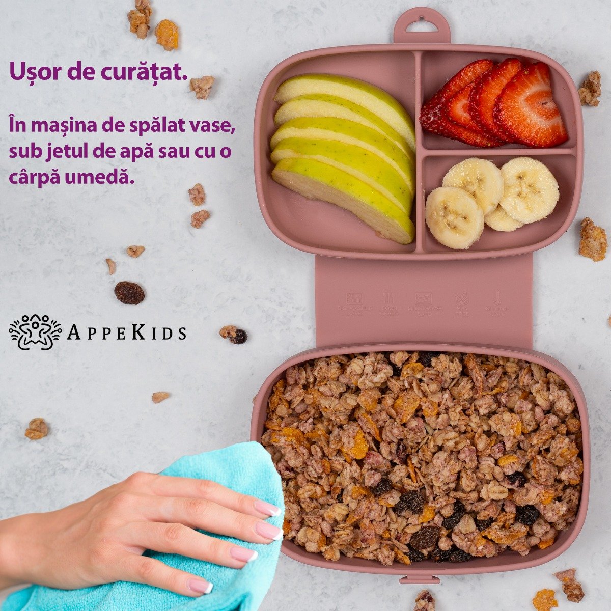 AppeKids caserola compartimentata din silicon cu ventuza Magic Box 6m+ Old Rose