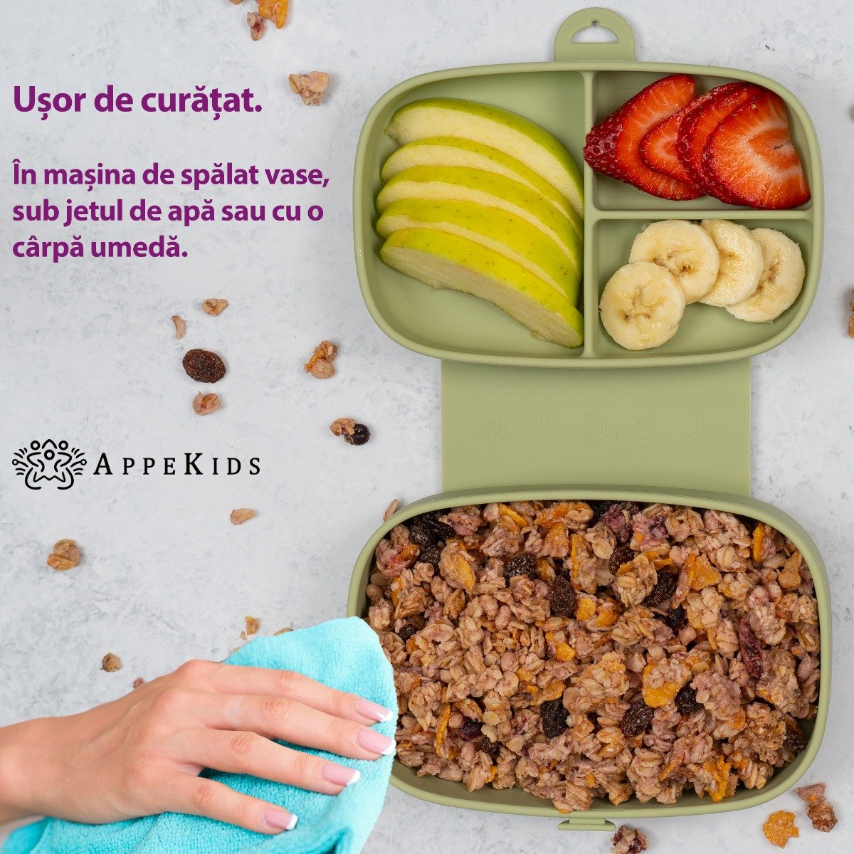 AppeKids caserola compartimentata din silicon cu ventuza Magic Box 6m+ Raw Green
