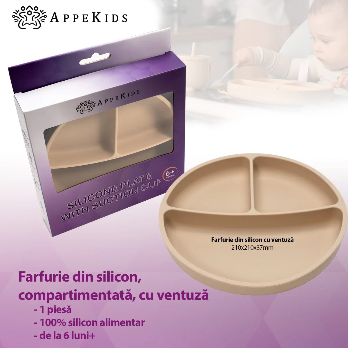 AppeKids farfurie silicon compartimentata cu ventuza 6m+ Bubble Beige