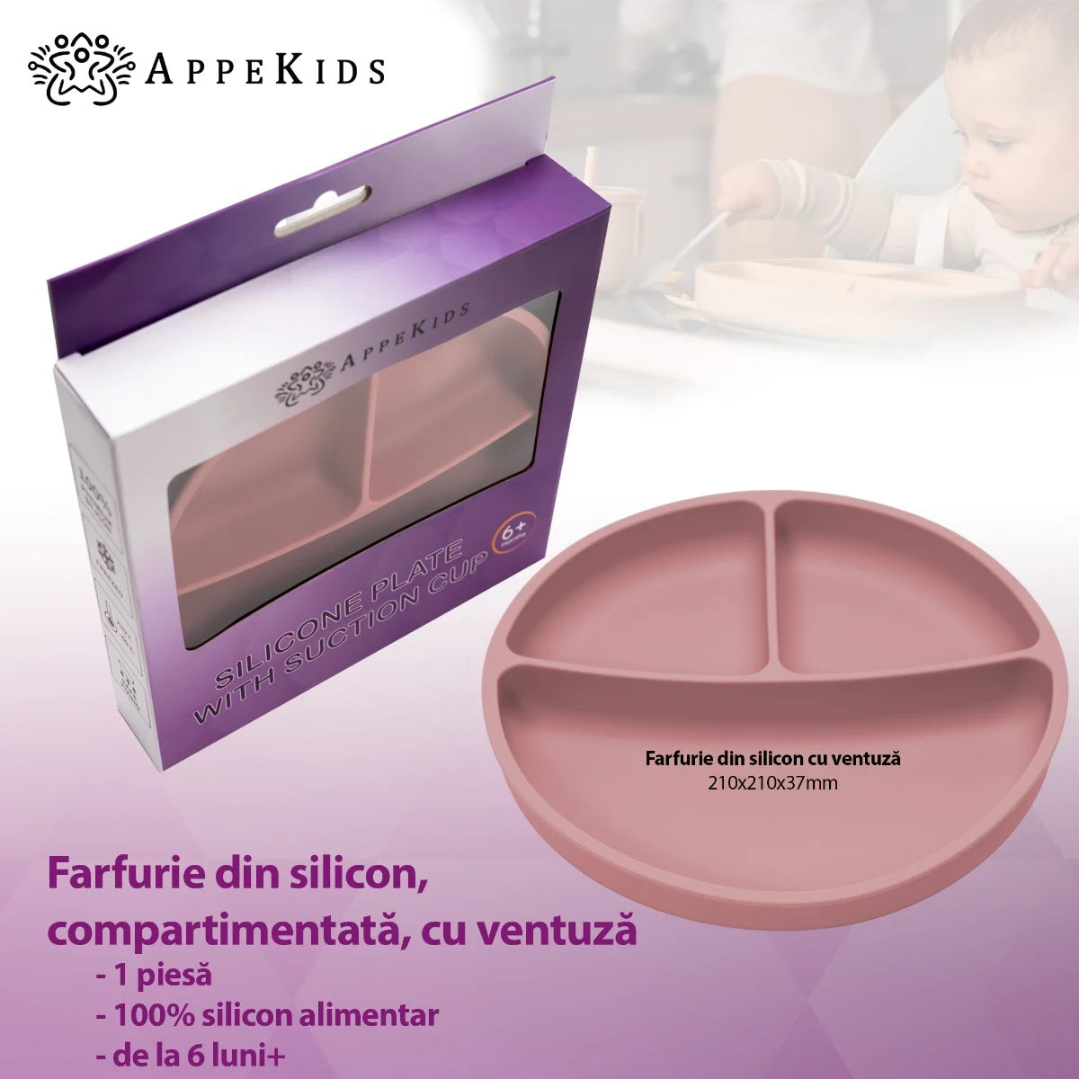 AppeKids farfurie silicon compartimentata cu ventuza 6m+ Old Rose