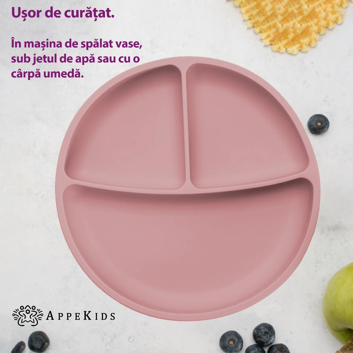 AppeKids farfurie silicon compartimentata cu ventuza 6m+ Old Rose