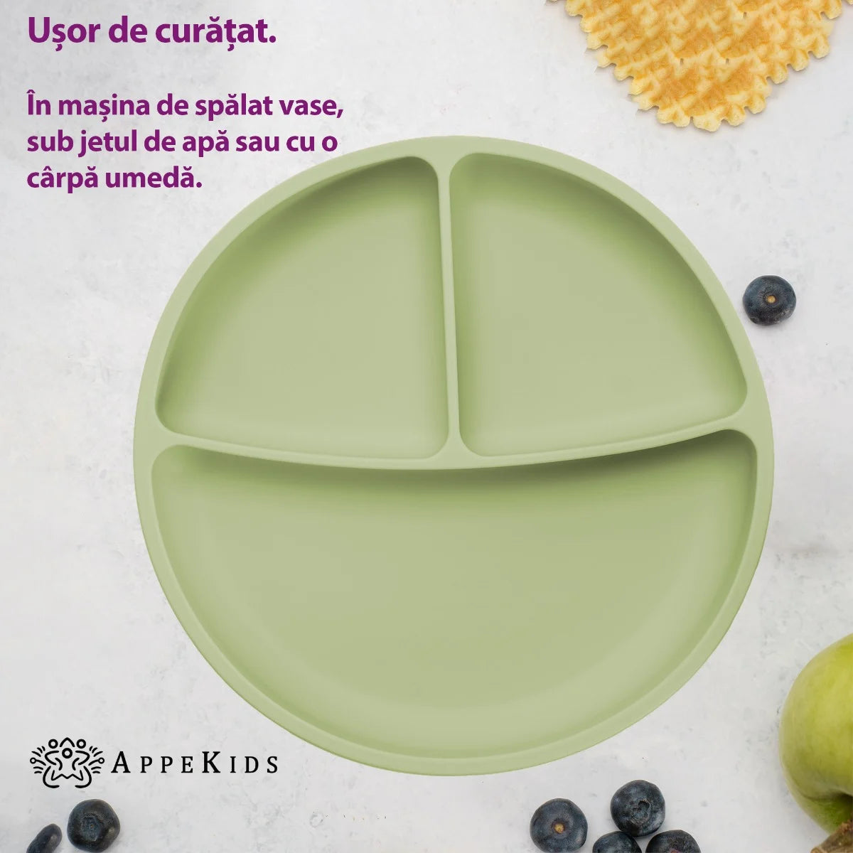 AppeKids farfurie silicon compartimentata cu ventuza 6m+ Raw Green