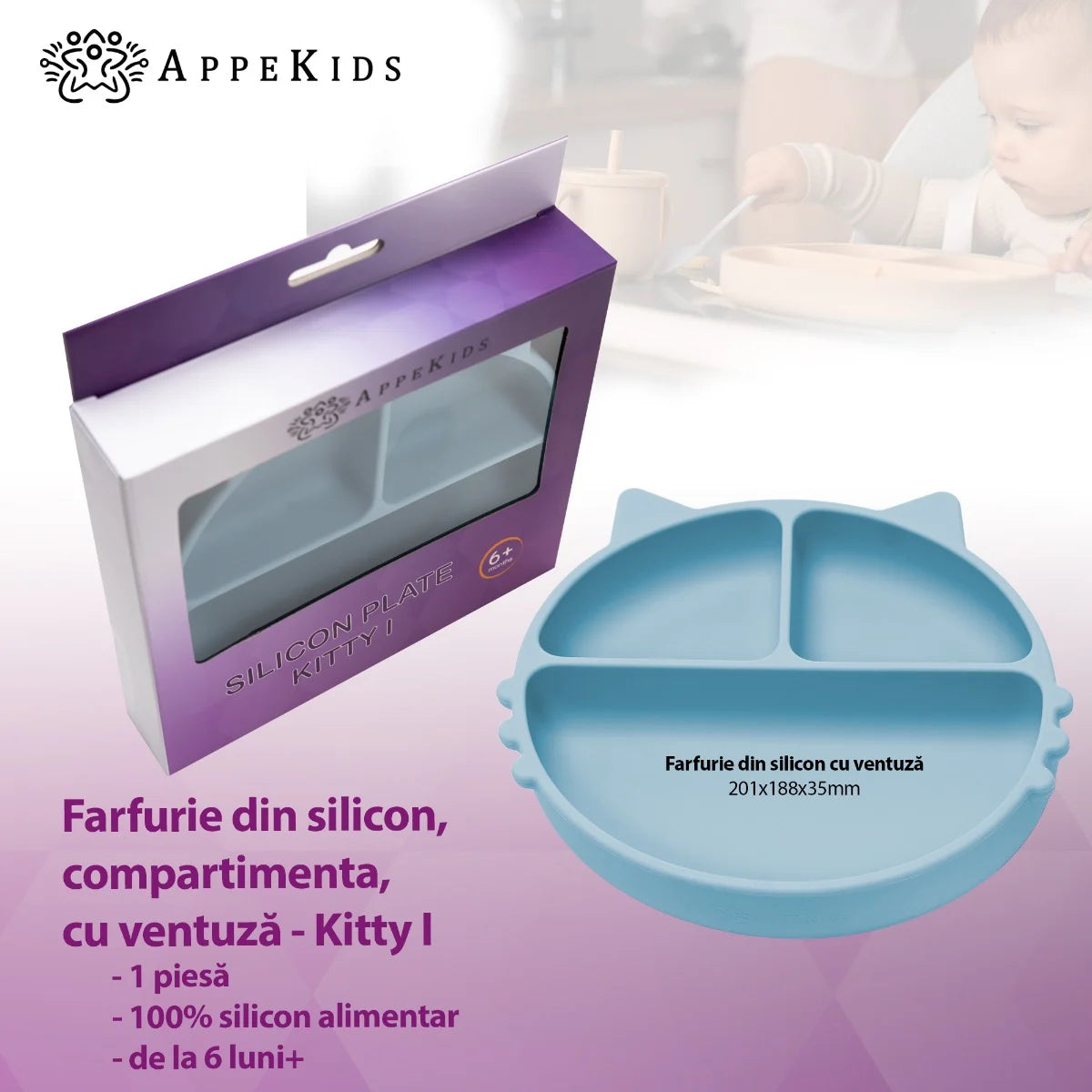 AppeKids farfurie silicon cu ventuza Kitty I pentru 6m+ Aqua Blue