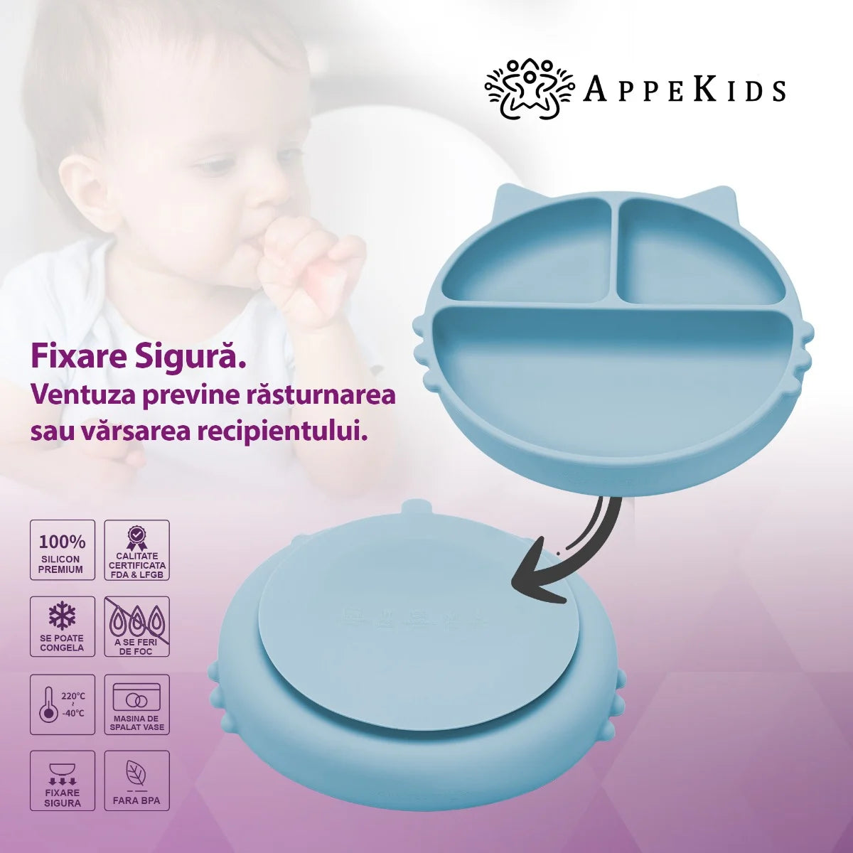 AppeKids farfurie silicon cu ventuza Kitty I pentru 6m+ Aqua Blue